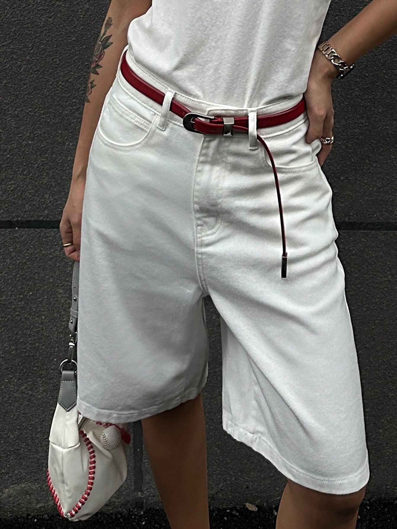 CM-BS483239 Women Casual Seoul Loose Fitting Mid-Thigh Length Denim Shorts With Pockets - White