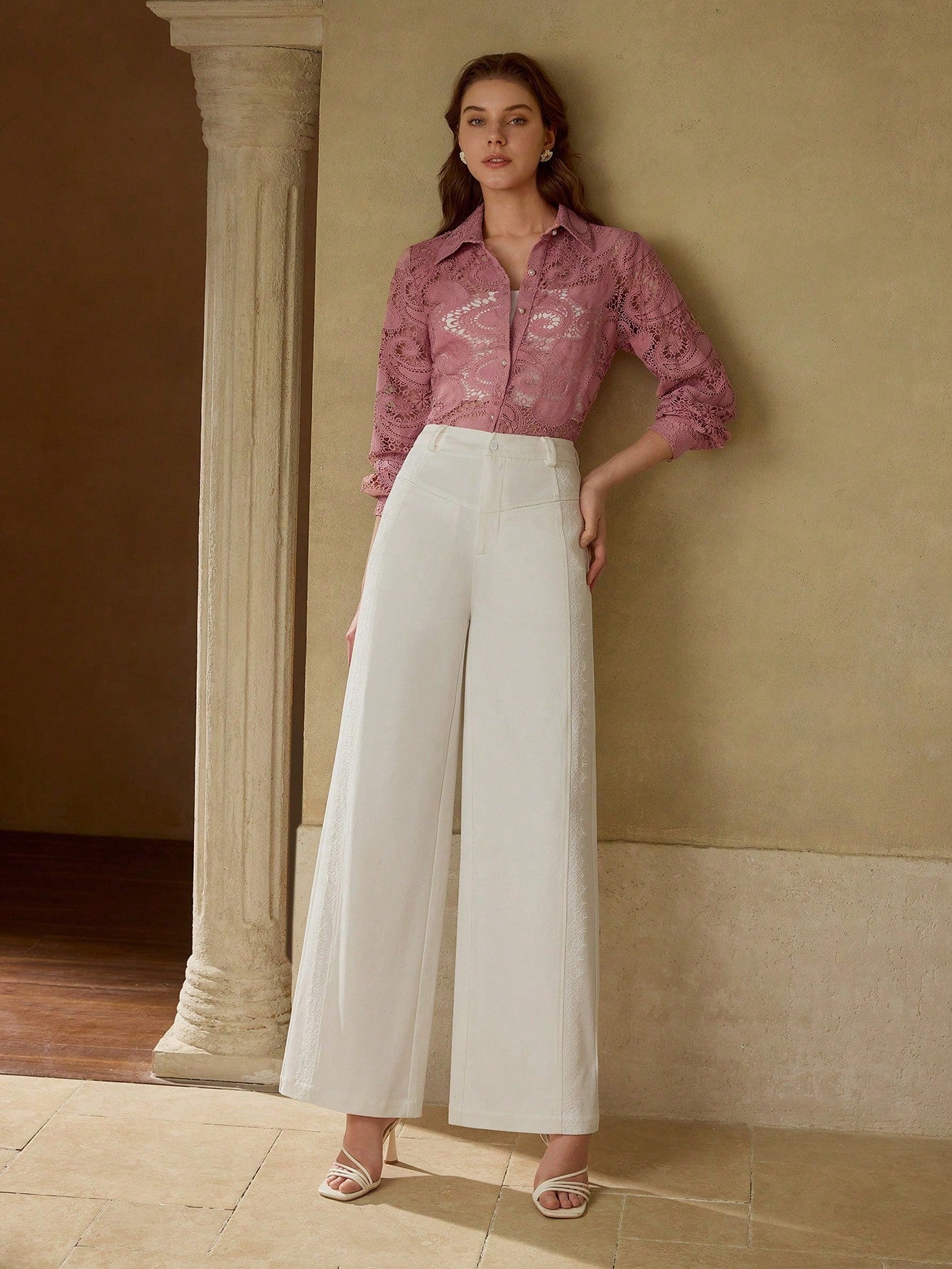 CM-BS556902 Women Elegant Seoul Style Contrast Lace Pocket Straight Leg Pants - White