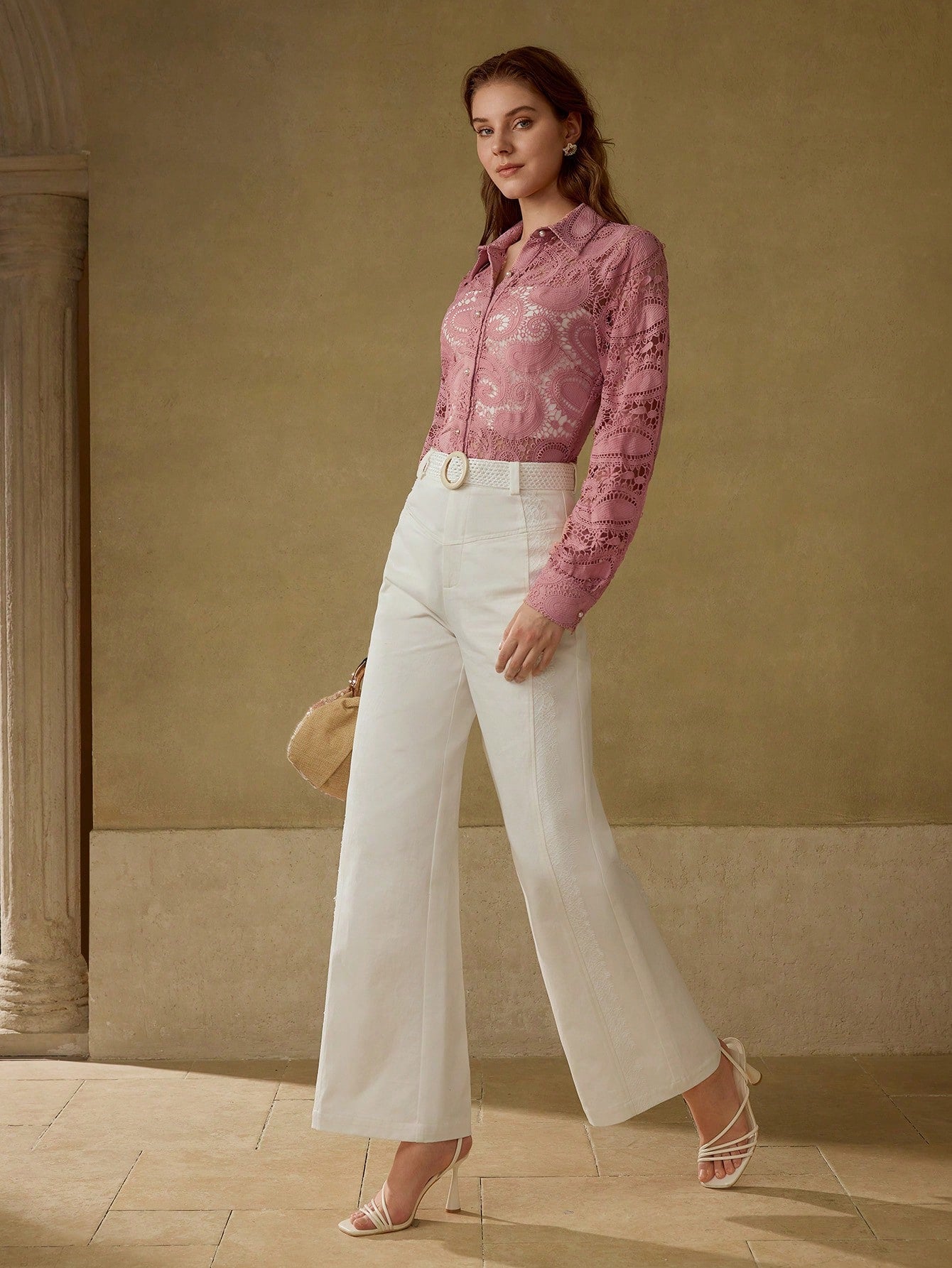 CM-BS556902 Women Elegant Seoul Style Contrast Lace Pocket Straight Leg Pants - White
