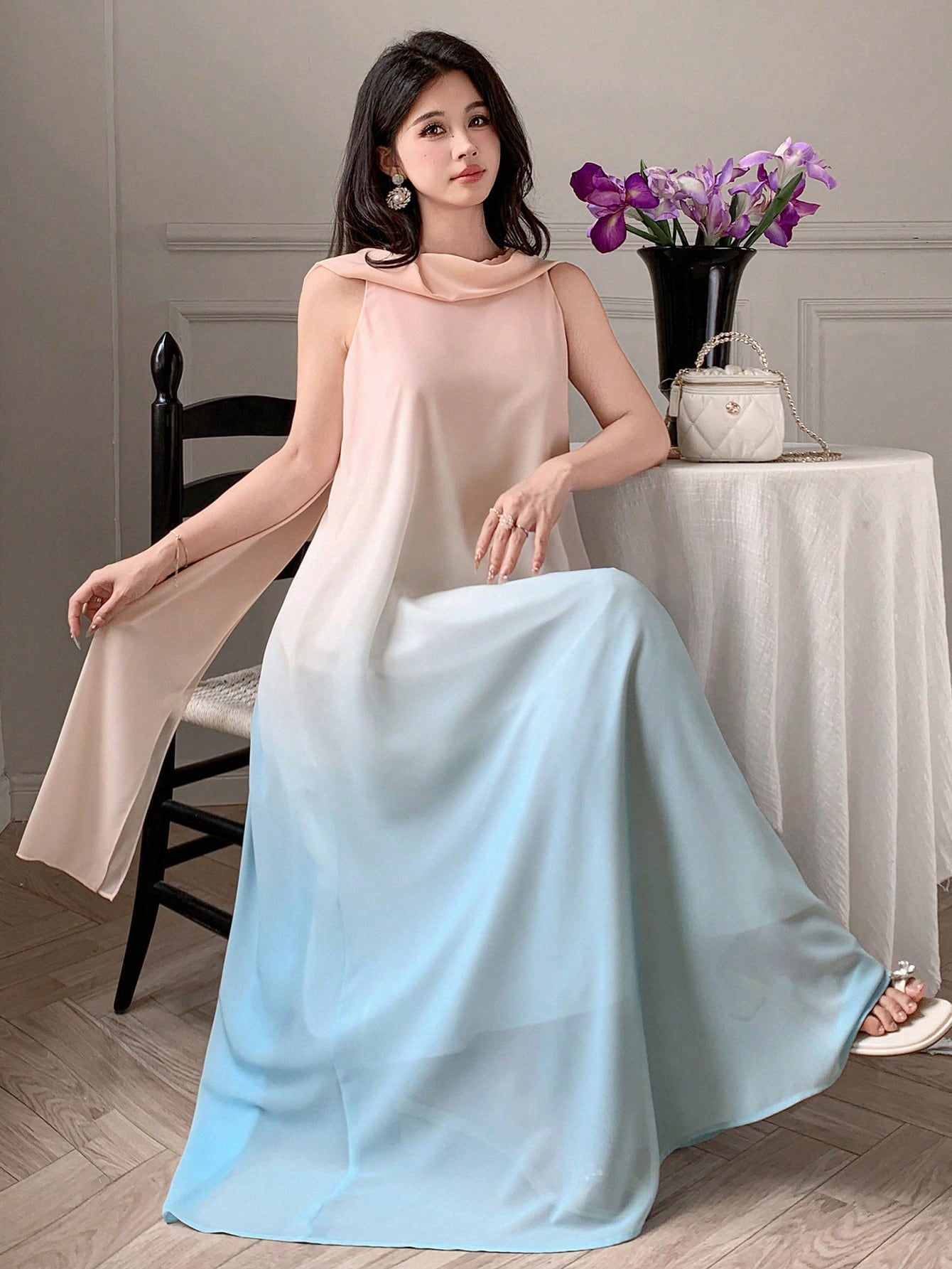 CM-DS010104 Women Elegant Seoul Style High Neck Sleeveless Tie-Dye Gradient Strapless Dress
