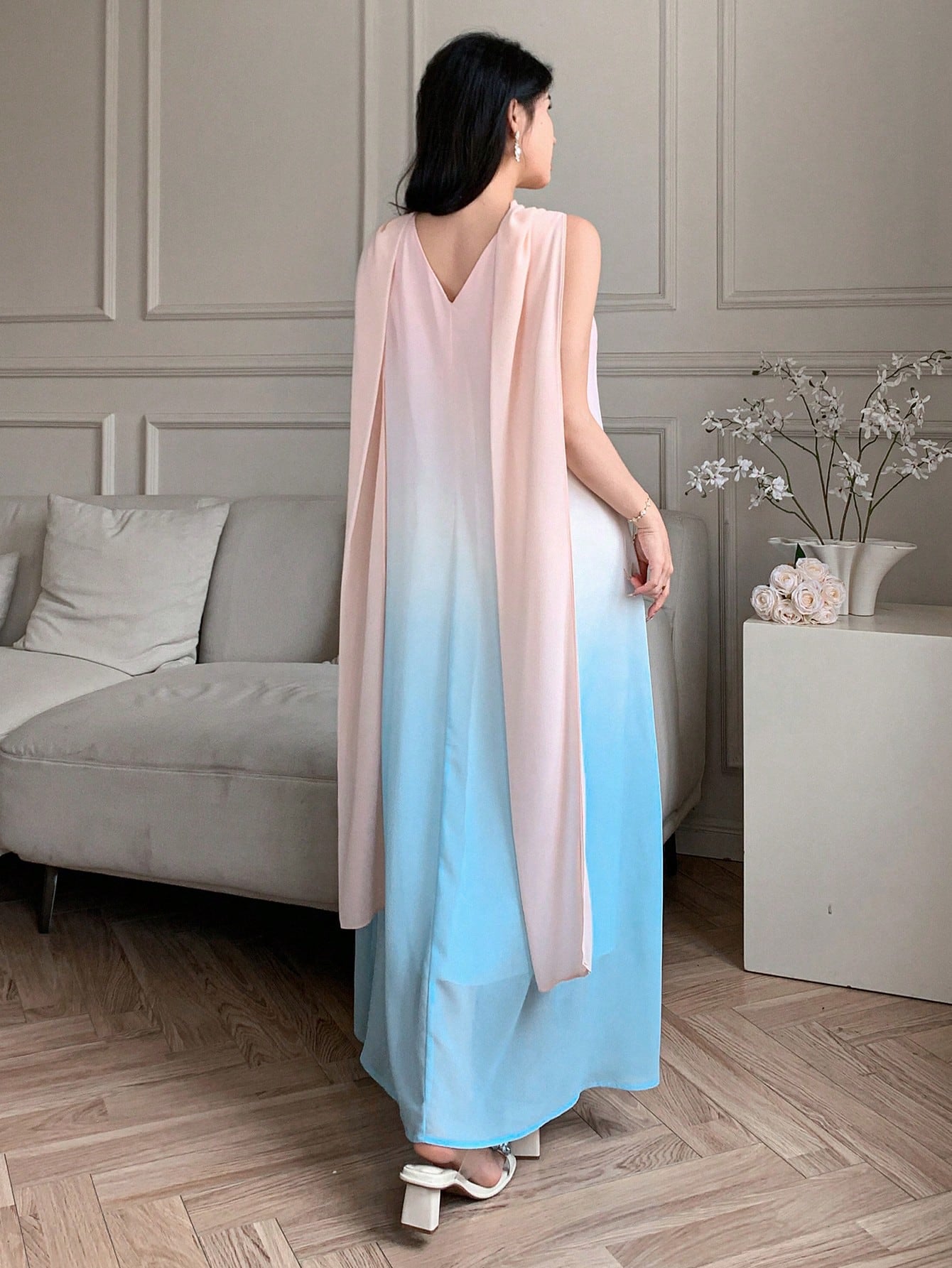 CM-DS010104 Women Elegant Seoul Style High Neck Sleeveless Tie-Dye Gradient Strapless Dress