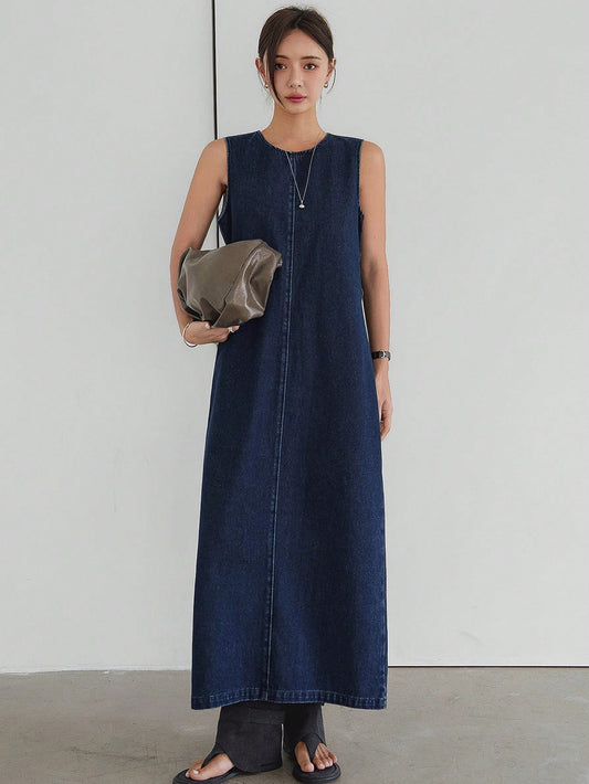 CM-DS451077 Women Casual Seoul Style Medium Wash High Split Backless Lace-Up Bow Cutout Back Midi Dress