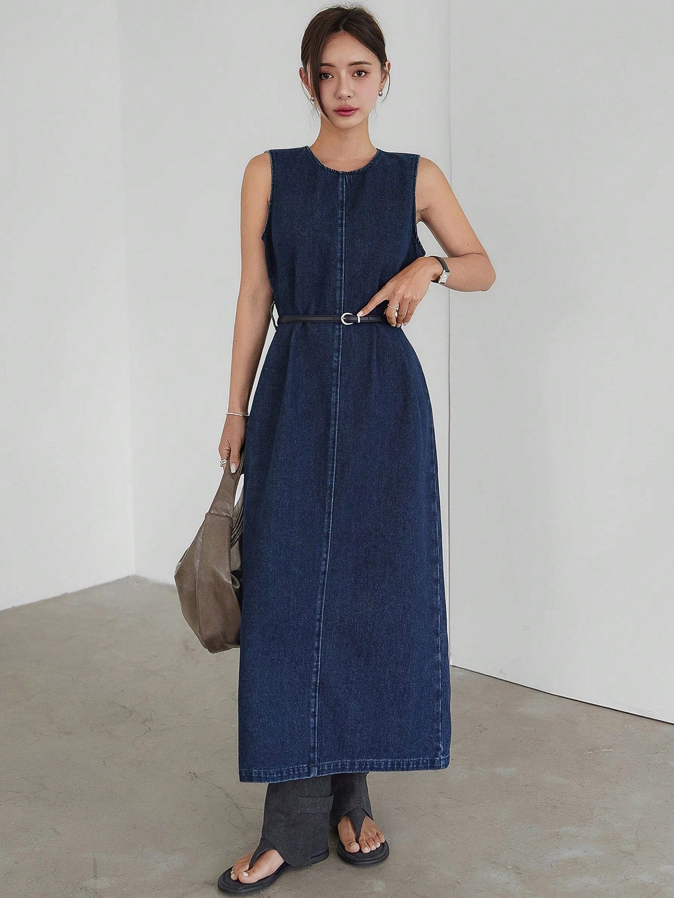 CM-DS451077 Women Casual Seoul Style Medium Wash High Split Backless Lace-Up Bow Cutout Back Midi Dress