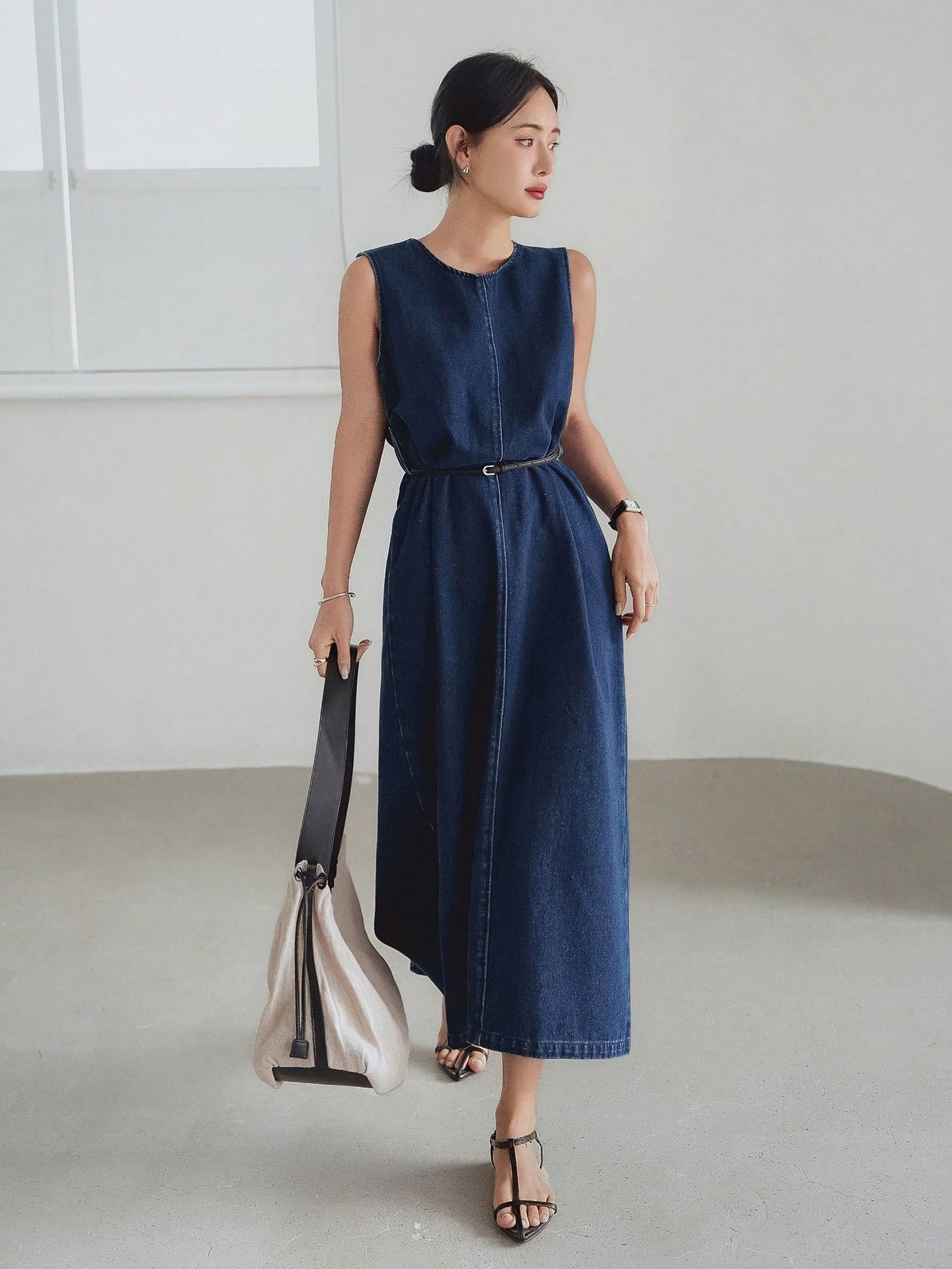 CM-DS451077 Women Casual Seoul Style Medium Wash High Split Backless Lace-Up Bow Cutout Back Midi Dress