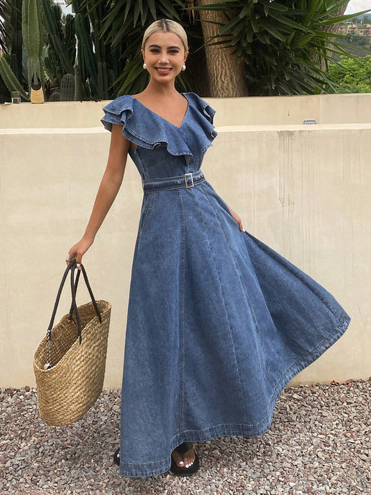 CM-DS595886 Women Casual Seoul Style V-Neck Ruffle Cinched Waist Slim Denim Dress - Blue