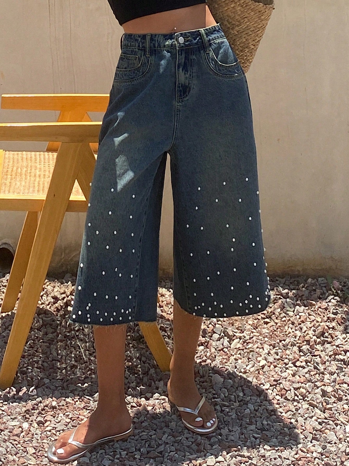 CM-BS100250 Women Casual Seoul Style Mid Waist Loose Rhinestones Beaded Denim Shorts - Blue