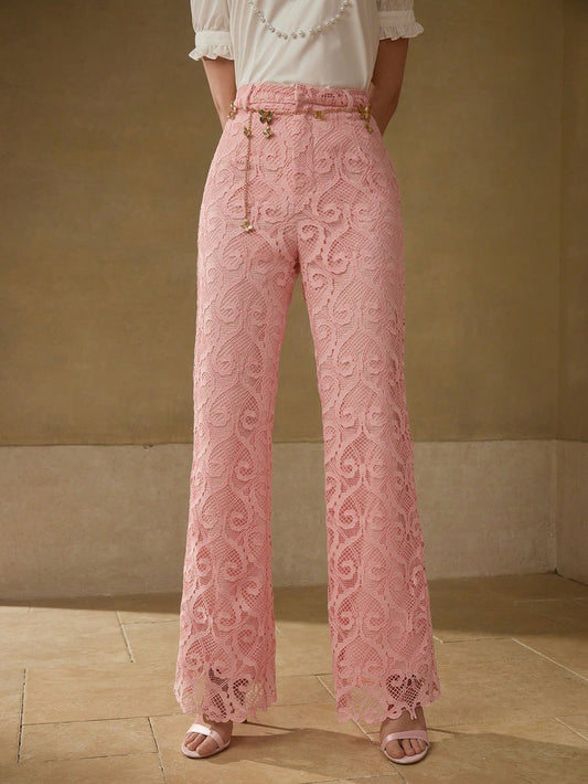 CM-BS881988 Women Elegant Seoul Style Mid Waist Guipure Lace Flare Leg Pants - Dusty Pink