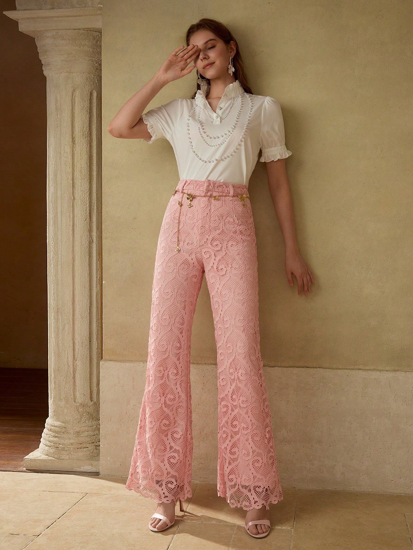 CM-BS881988 Women Elegant Seoul Style Mid Waist Guipure Lace Flare Leg Pants - Dusty Pink