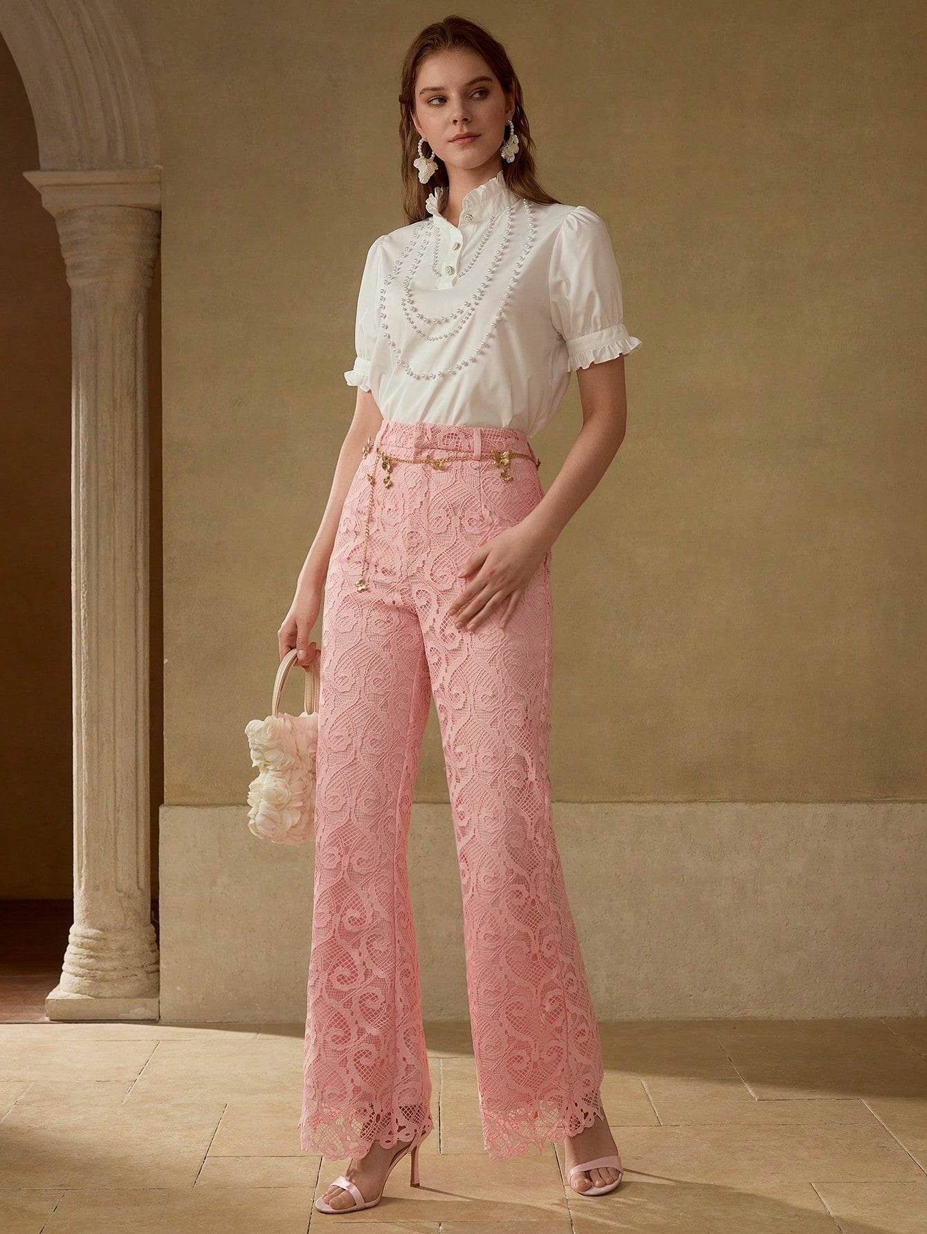 CM-BS881988 Women Elegant Seoul Style Mid Waist Guipure Lace Flare Leg Pants - Dusty Pink