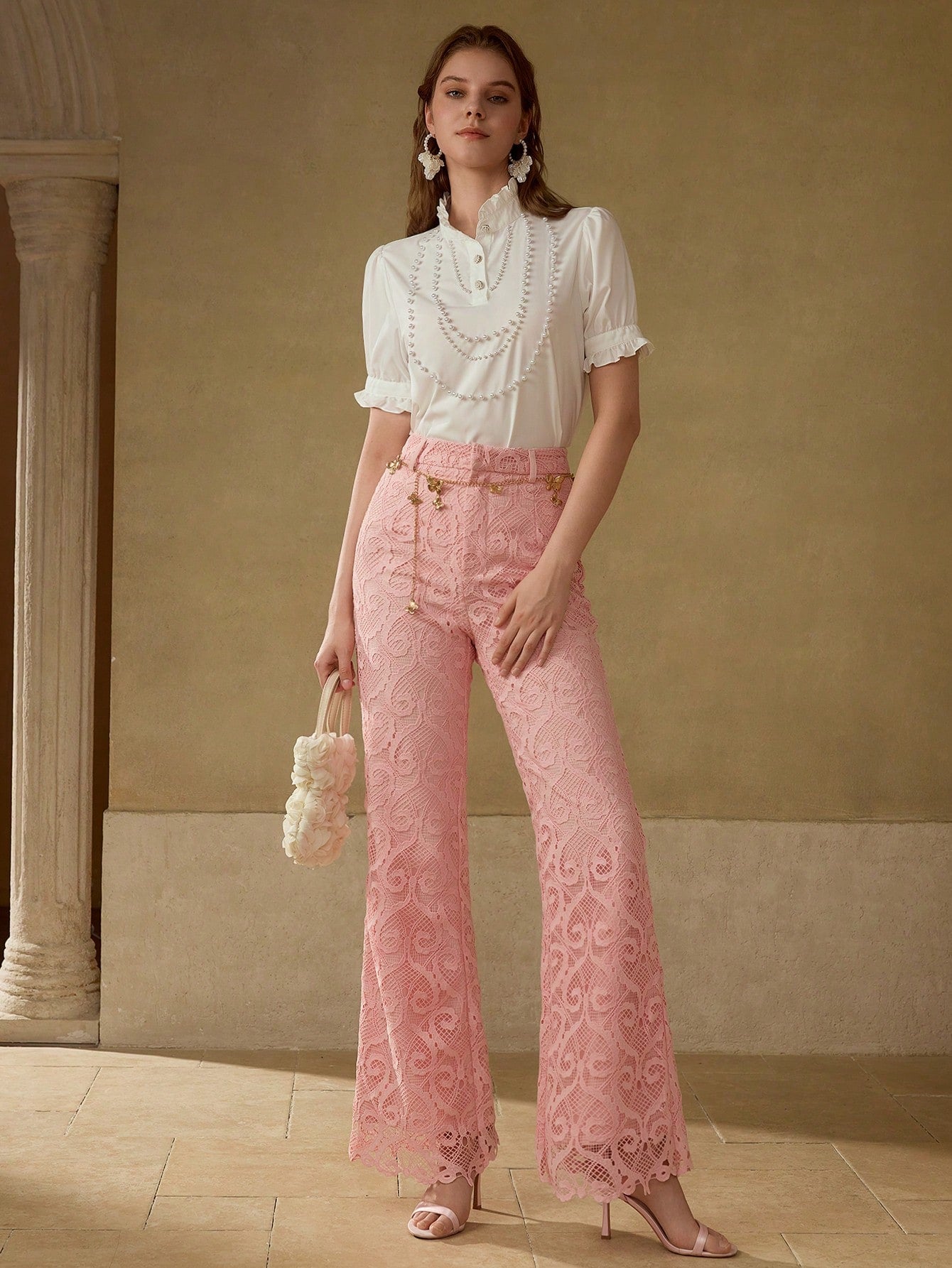 CM-BS881988 Women Elegant Seoul Style Mid Waist Guipure Lace Flare Leg Pants - Dusty Pink