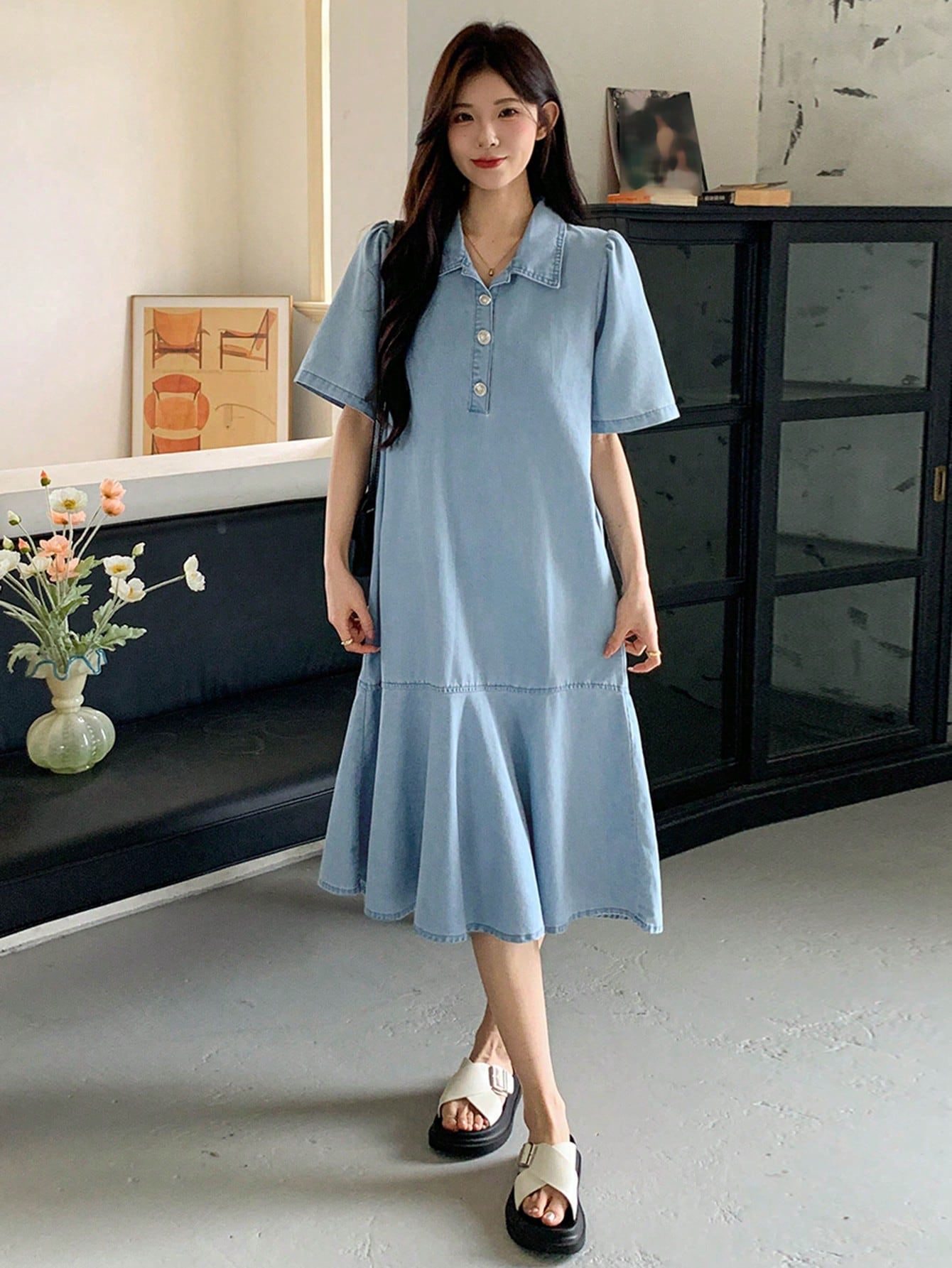 CM-DS393820 Women Casual Seoul Style Turndown Collar Short Sleeve Straight Ruffles Long Denim Dress