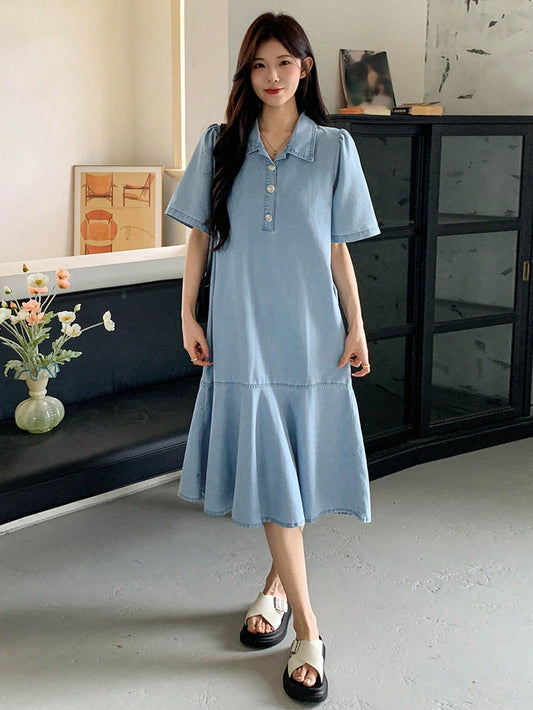 CM-DS393820 Women Casual Seoul Style Turndown Collar Short Sleeve Straight Ruffles Long Denim Dress