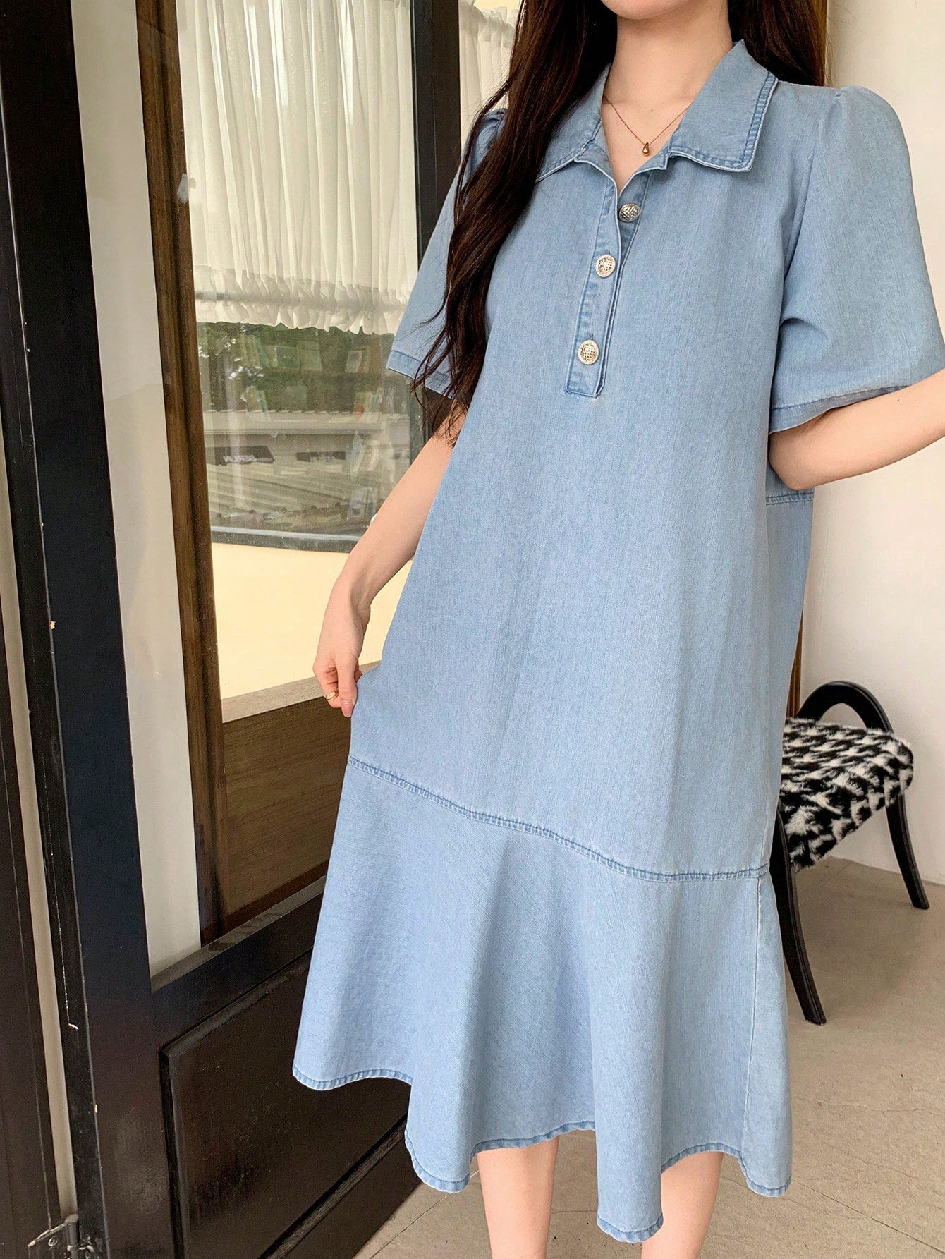 CM-DS393820 Women Casual Seoul Style Turndown Collar Short Sleeve Straight Ruffles Long Denim Dress