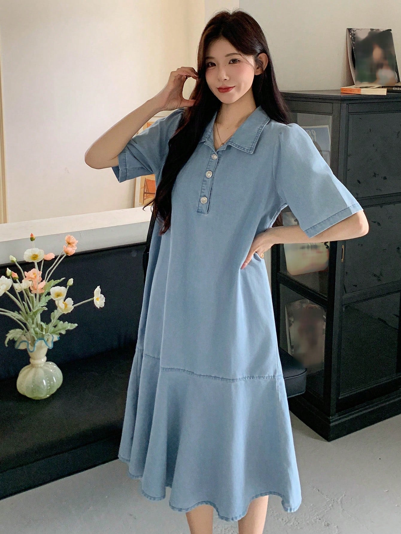 CM-DS393820 Women Casual Seoul Style Turndown Collar Short Sleeve Straight Ruffles Long Denim Dress