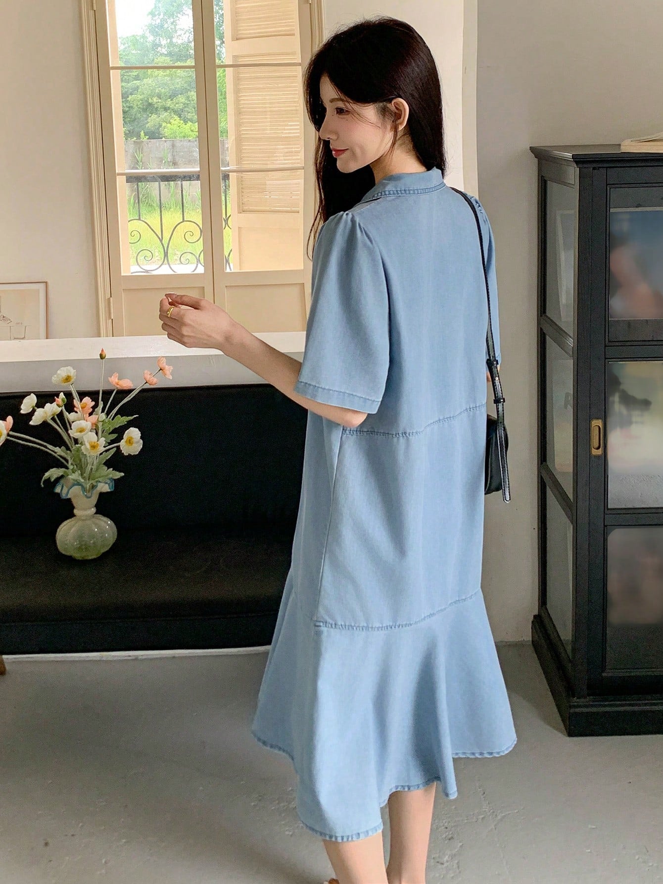 CM-DS393820 Women Casual Seoul Style Turndown Collar Short Sleeve Straight Ruffles Long Denim Dress