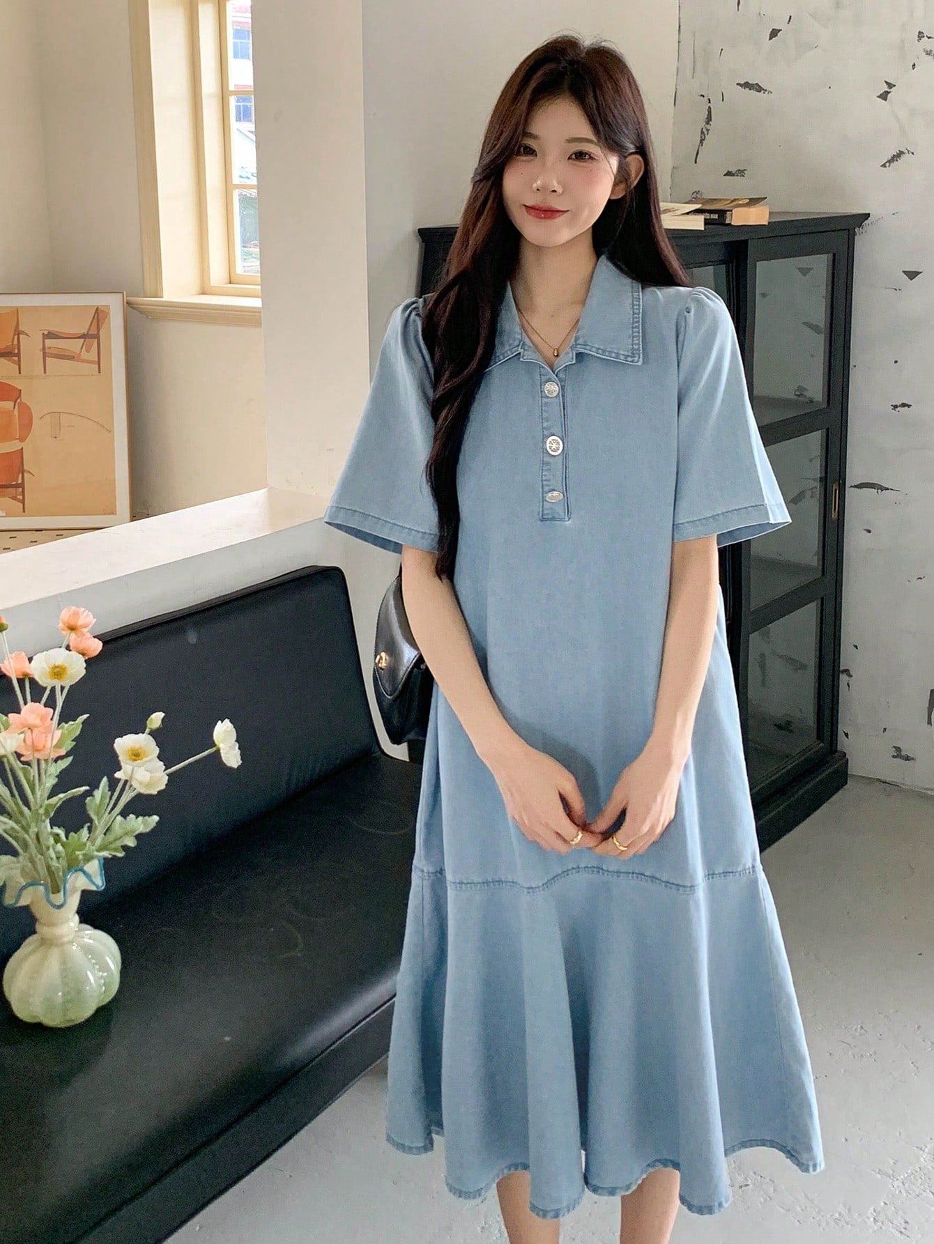CM-DS393820 Women Casual Seoul Style Turndown Collar Short Sleeve Straight Ruffles Long Denim Dress