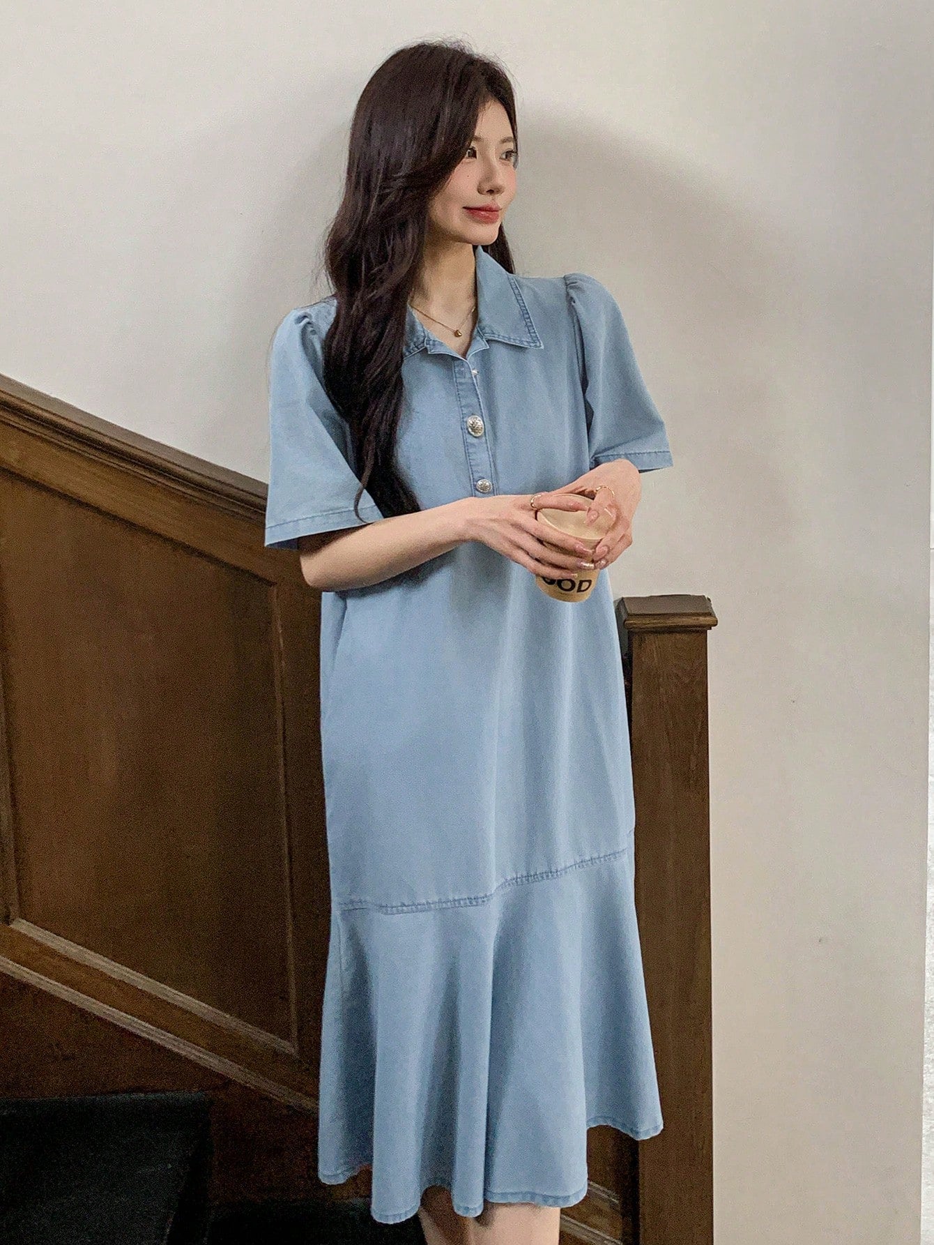 CM-DS393820 Women Casual Seoul Style Turndown Collar Short Sleeve Straight Ruffles Long Denim Dress