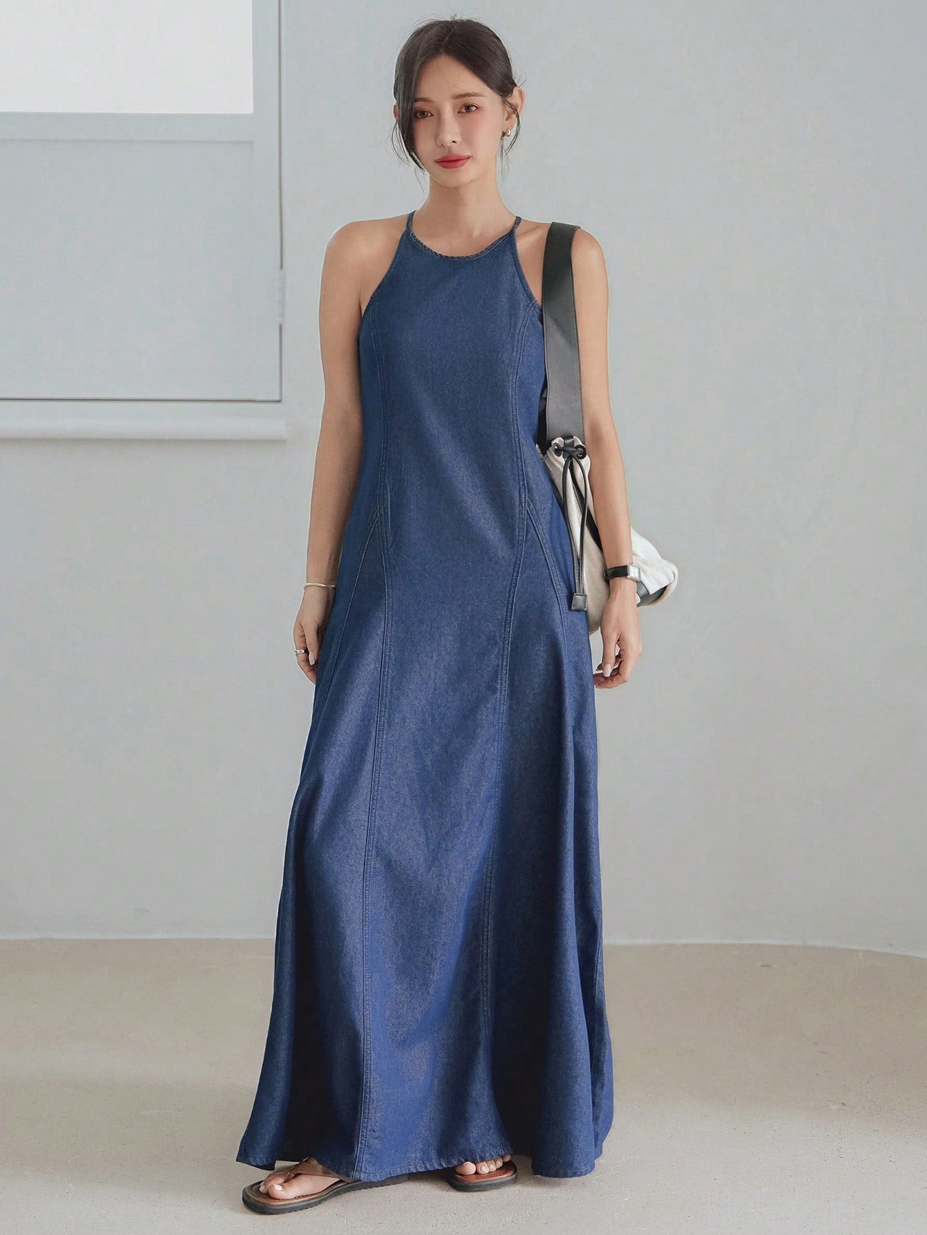 CM-DS446253 Women Casual Seoul Style Medium Wash Fish Tail Flared Hem Suspender Mid Long Denim Dress