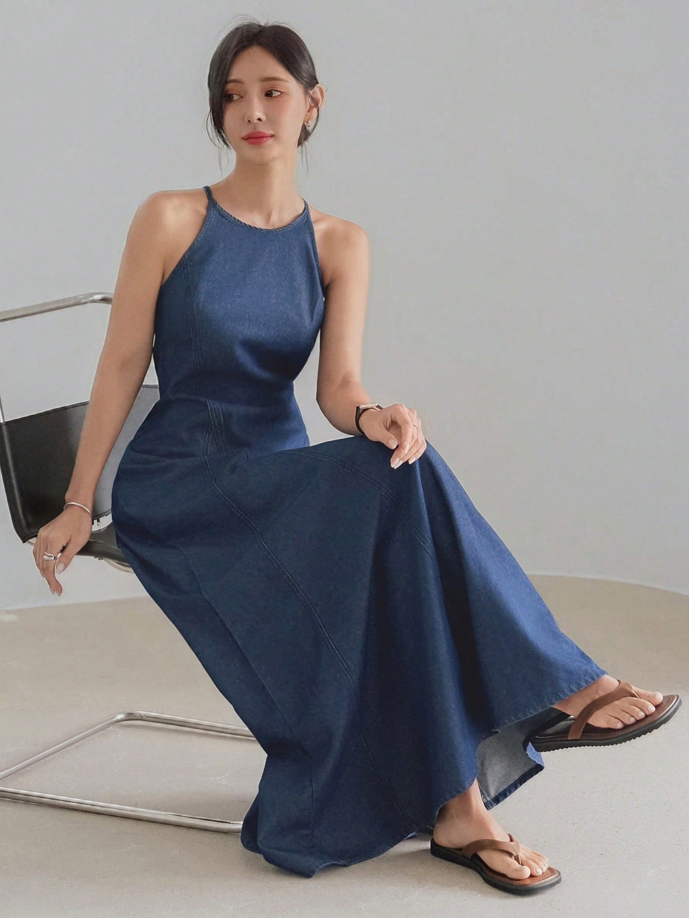 CM-DS446253 Women Casual Seoul Style Medium Wash Fish Tail Flared Hem Suspender Mid Long Denim Dress
