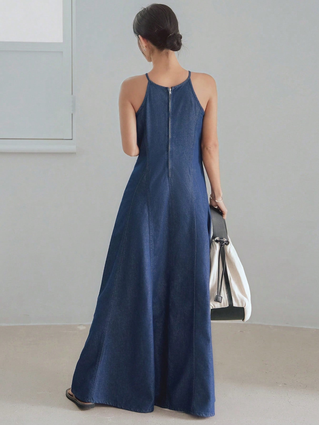CM-DS446253 Women Casual Seoul Style Medium Wash Fish Tail Flared Hem Suspender Mid Long Denim Dress