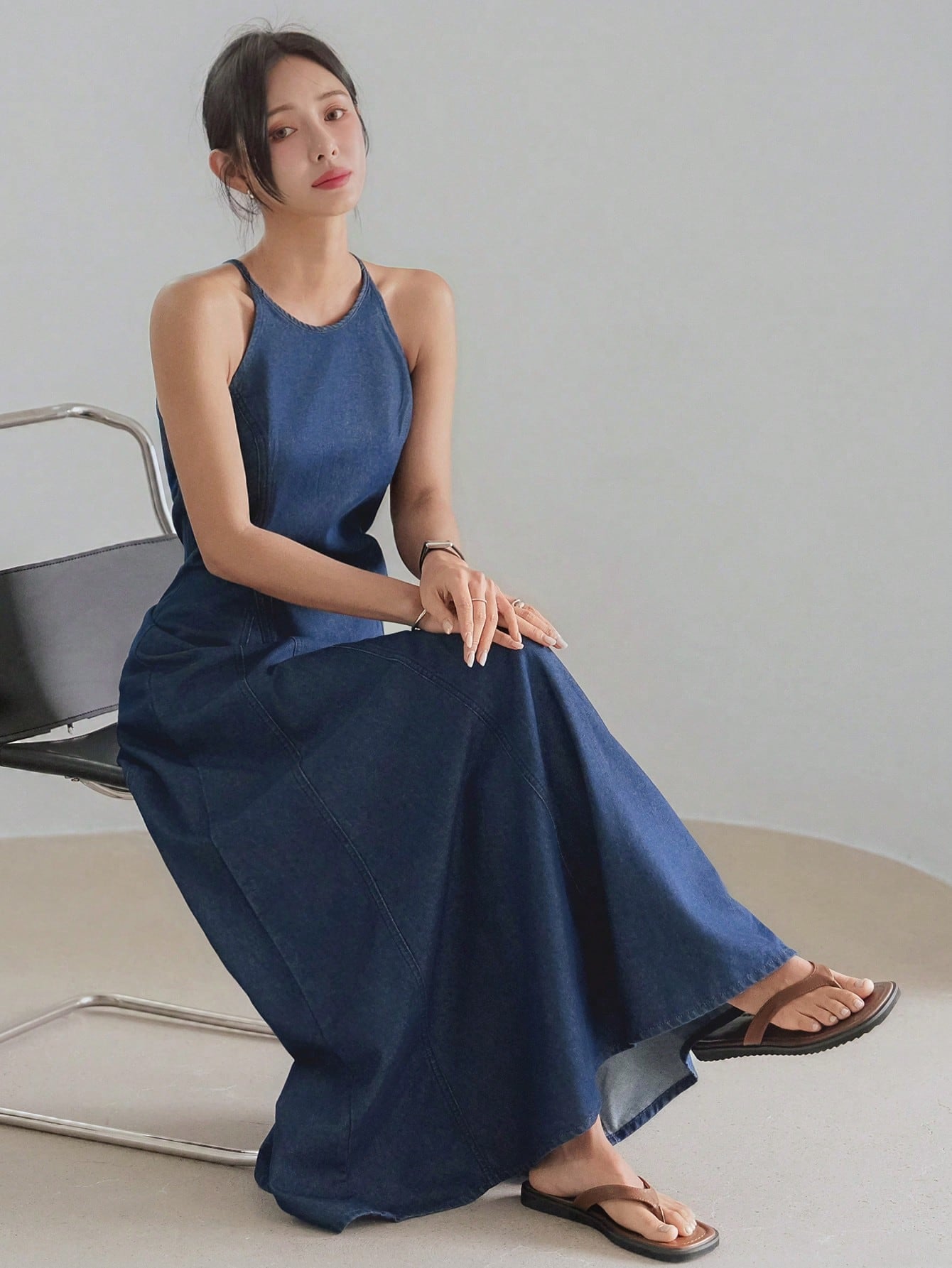 CM-DS446253 Women Casual Seoul Style Medium Wash Fish Tail Flared Hem Suspender Mid Long Denim Dress