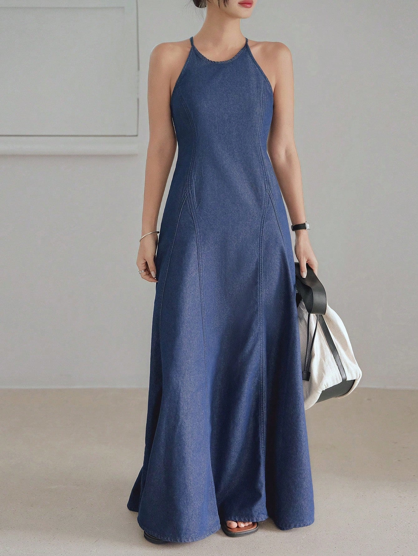 CM-DS446253 Women Casual Seoul Style Medium Wash Fish Tail Flared Hem Suspender Mid Long Denim Dress