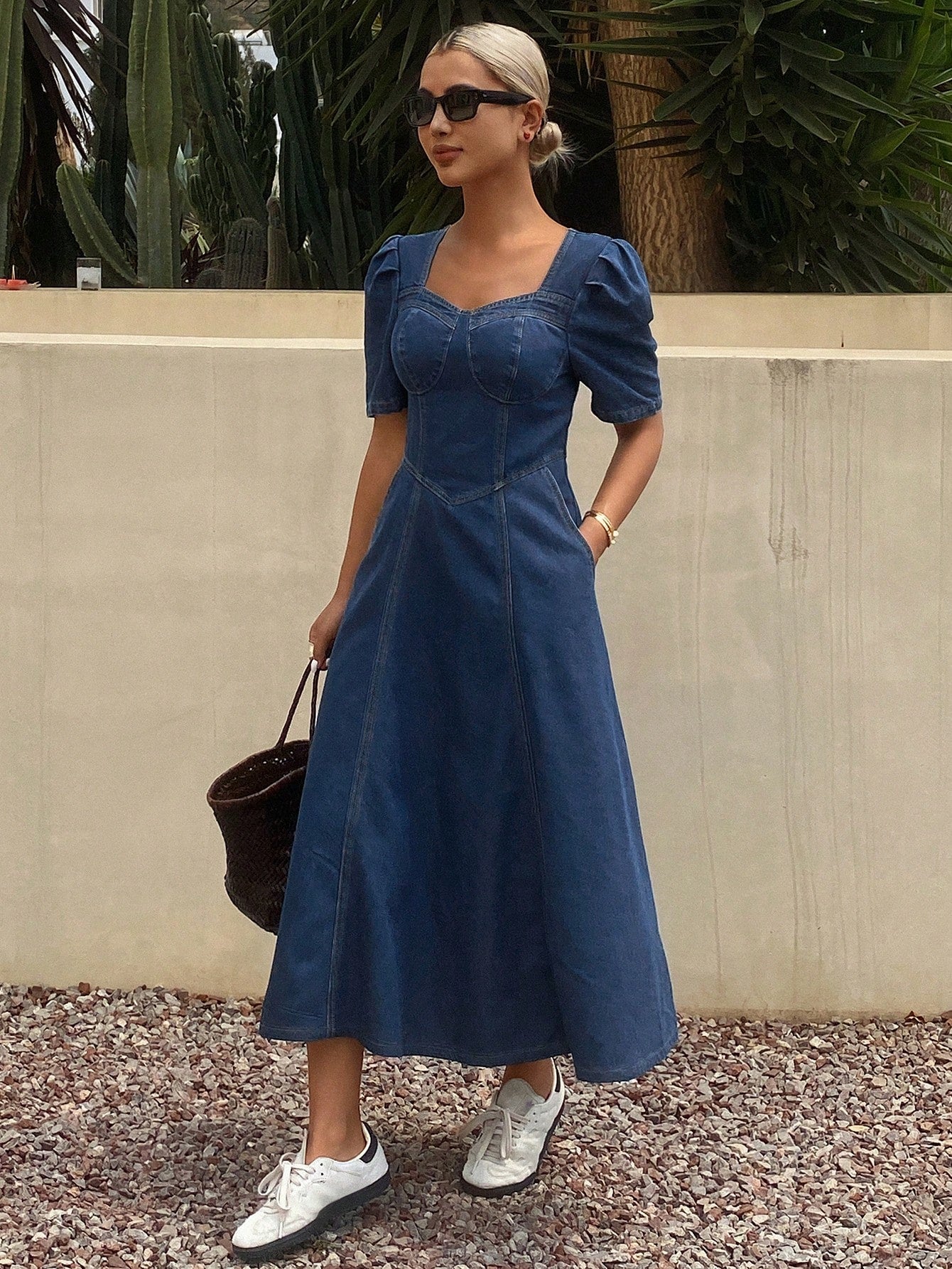 CM-DS486066 Women Casual Seoul Style Sweetheart Neckline Puff Sleeve Denim Sundress - Blue