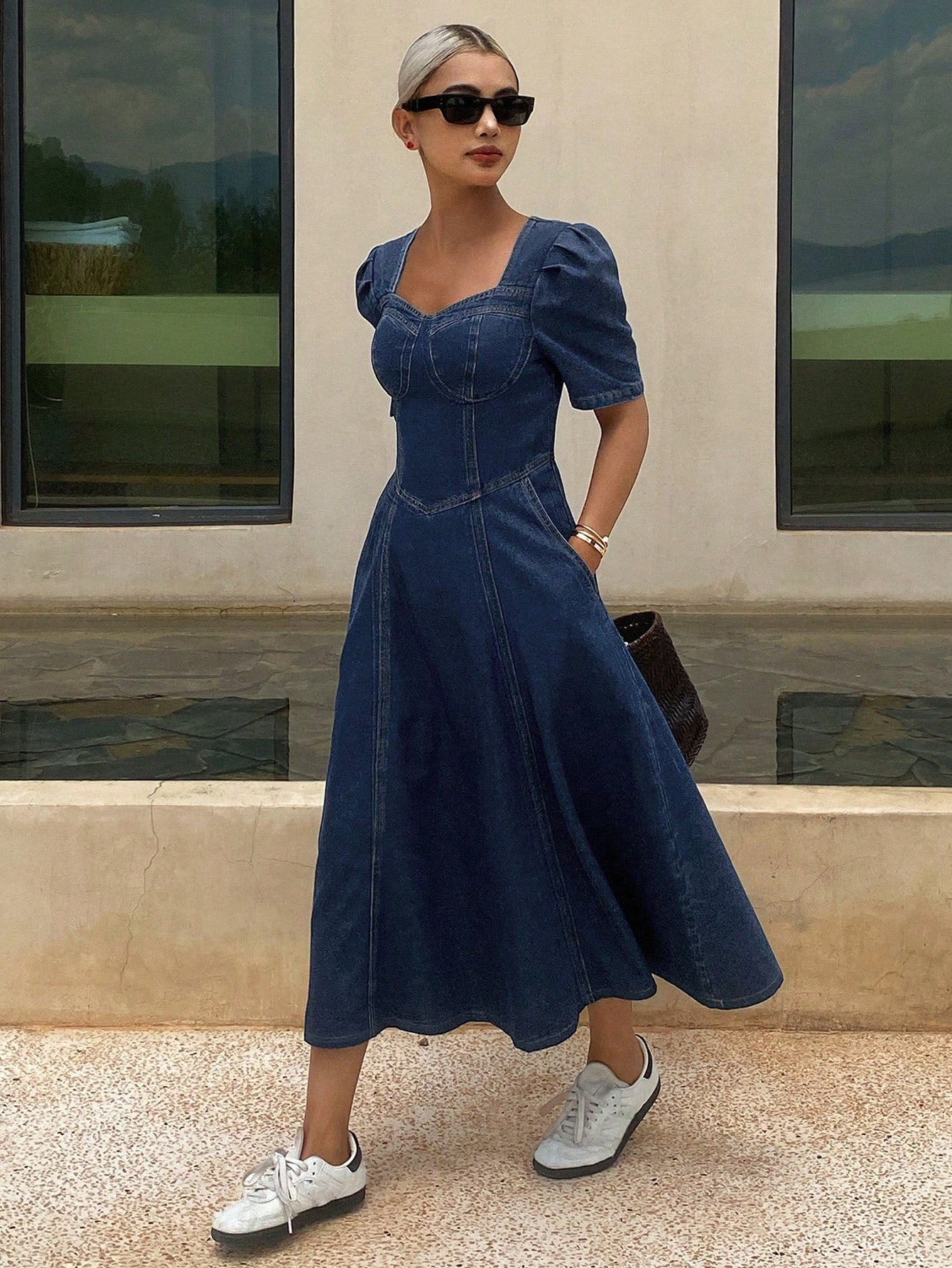 CM-DS486066 Women Casual Seoul Style Sweetheart Neckline Puff Sleeve Denim Sundress - Blue