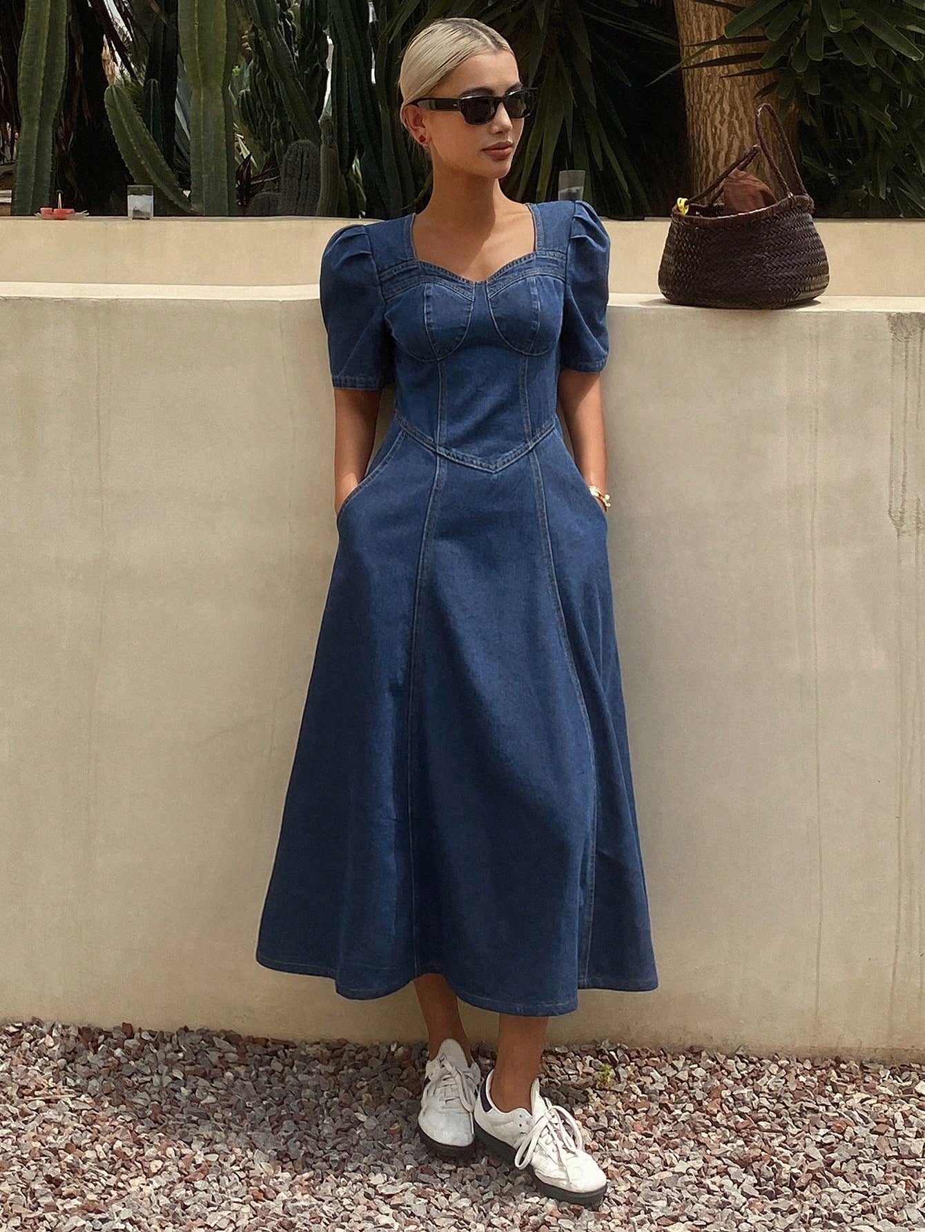 CM-DS486066 Women Casual Seoul Style Sweetheart Neckline Puff Sleeve Denim Sundress - Blue