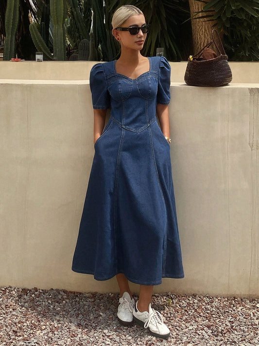 CM-DS486066 Women Casual Seoul Style Sweetheart Neckline Puff Sleeve Denim Sundress - Blue
