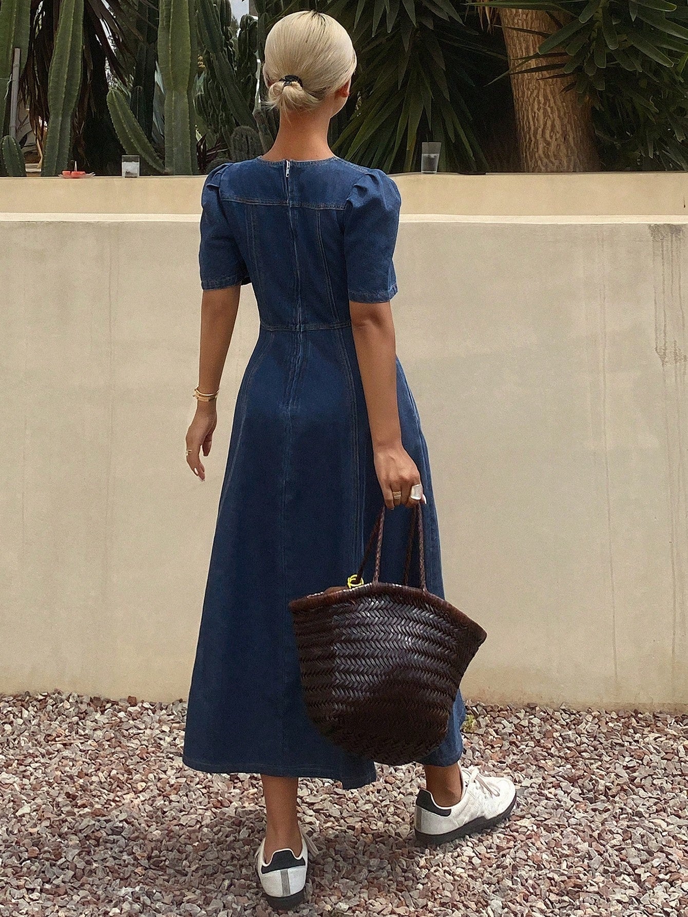 CM-DS486066 Women Casual Seoul Style Sweetheart Neckline Puff Sleeve Denim Sundress - Blue