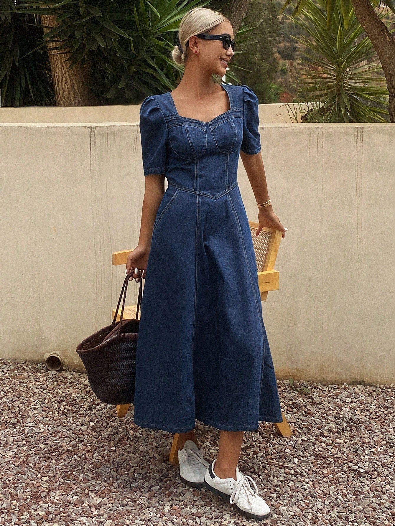 CM-DS486066 Women Casual Seoul Style Sweetheart Neckline Puff Sleeve Denim Sundress - Blue