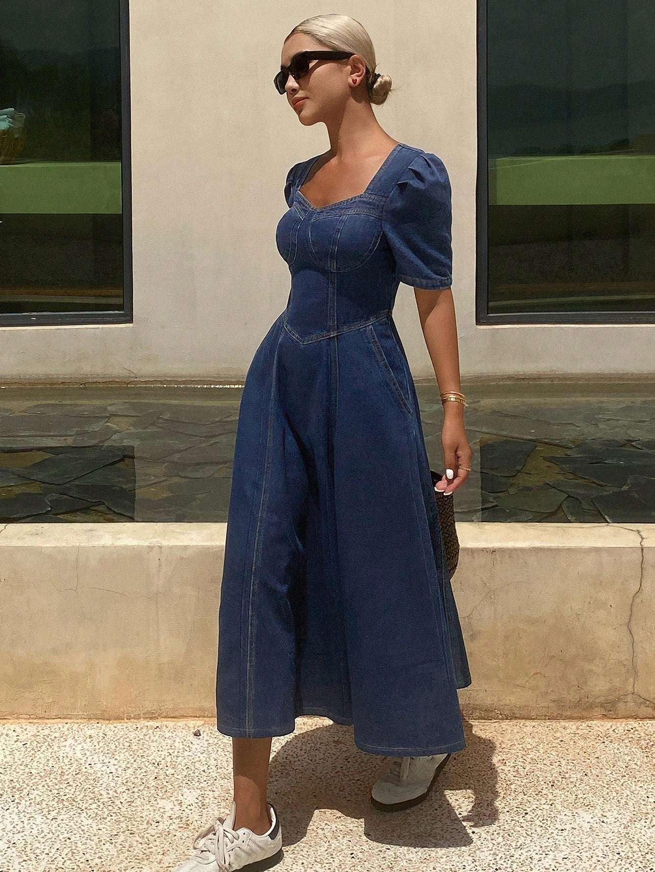 CM-DS486066 Women Casual Seoul Style Sweetheart Neckline Puff Sleeve Denim Sundress - Blue