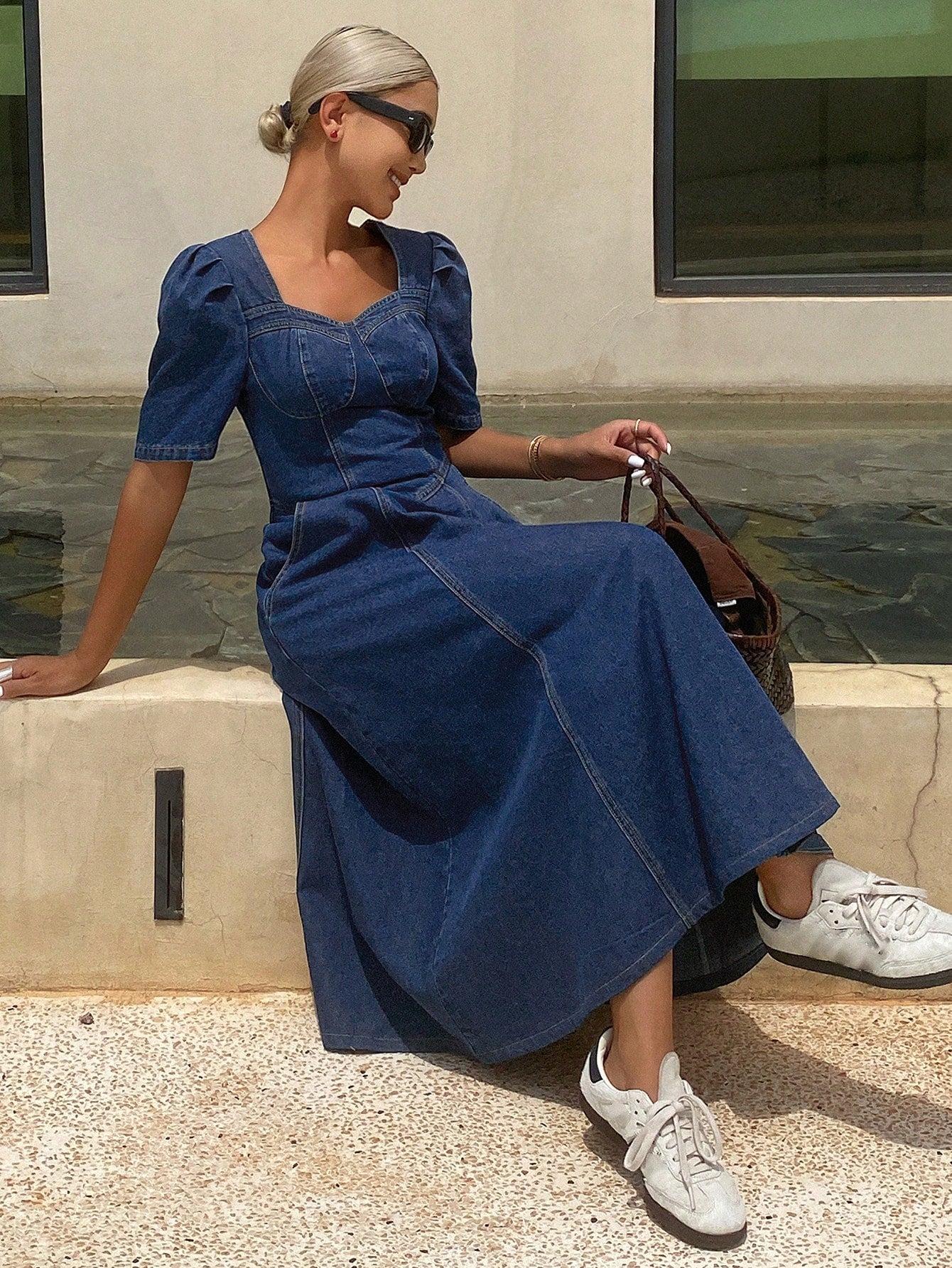 CM-DS486066 Women Casual Seoul Style Sweetheart Neckline Puff Sleeve Denim Sundress - Blue