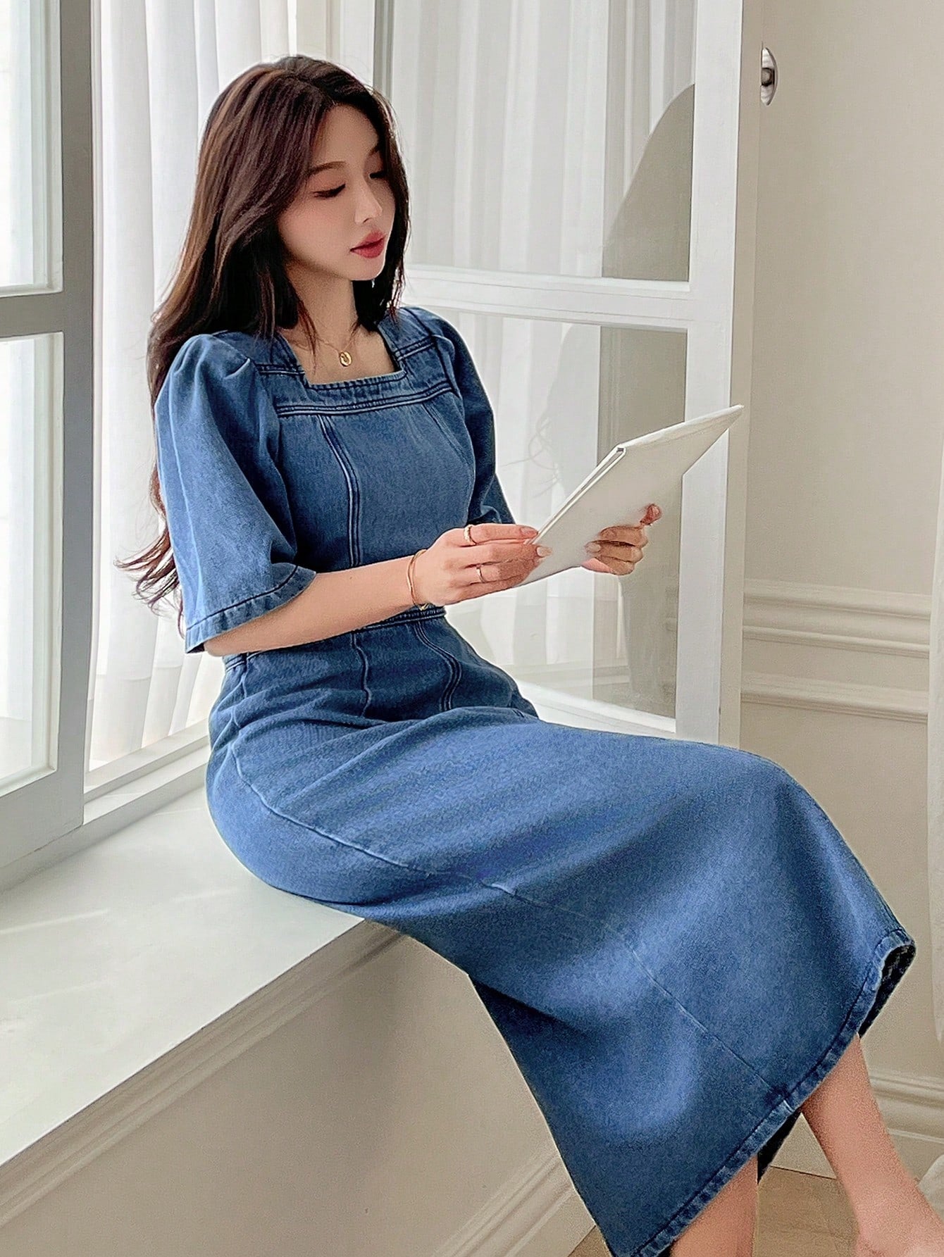 CM-DS212638 Women Casual Seoul Style Square Neck Puff Sleeve High Waisted Denim Dress - Blue