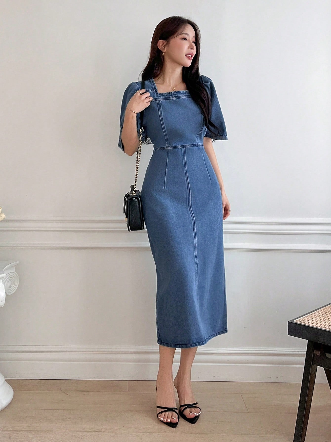 CM-DS212638 Women Casual Seoul Style Square Neck Puff Sleeve High Waisted Denim Dress - Blue