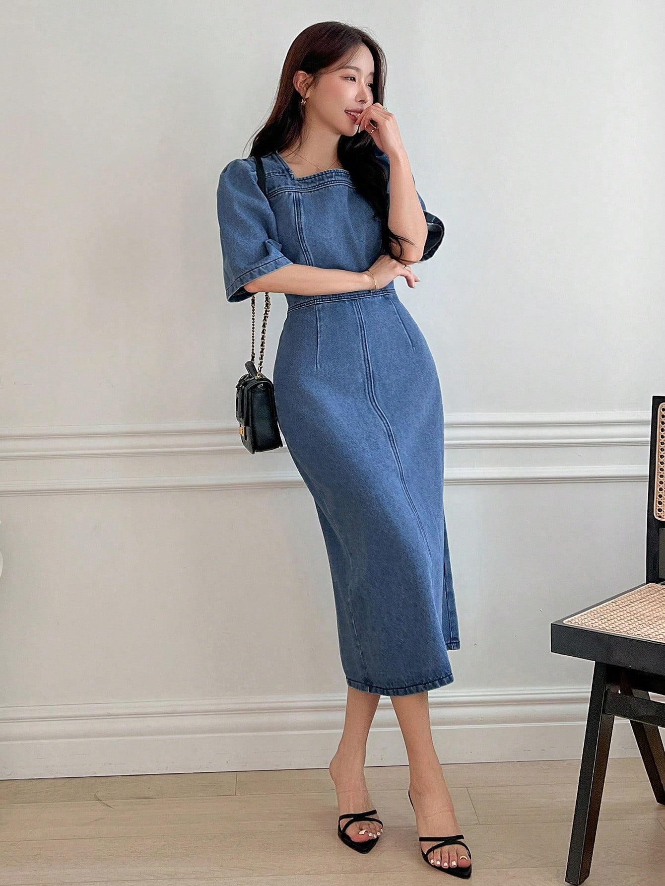 CM-DS212638 Women Casual Seoul Style Square Neck Puff Sleeve High Waisted Denim Dress - Blue