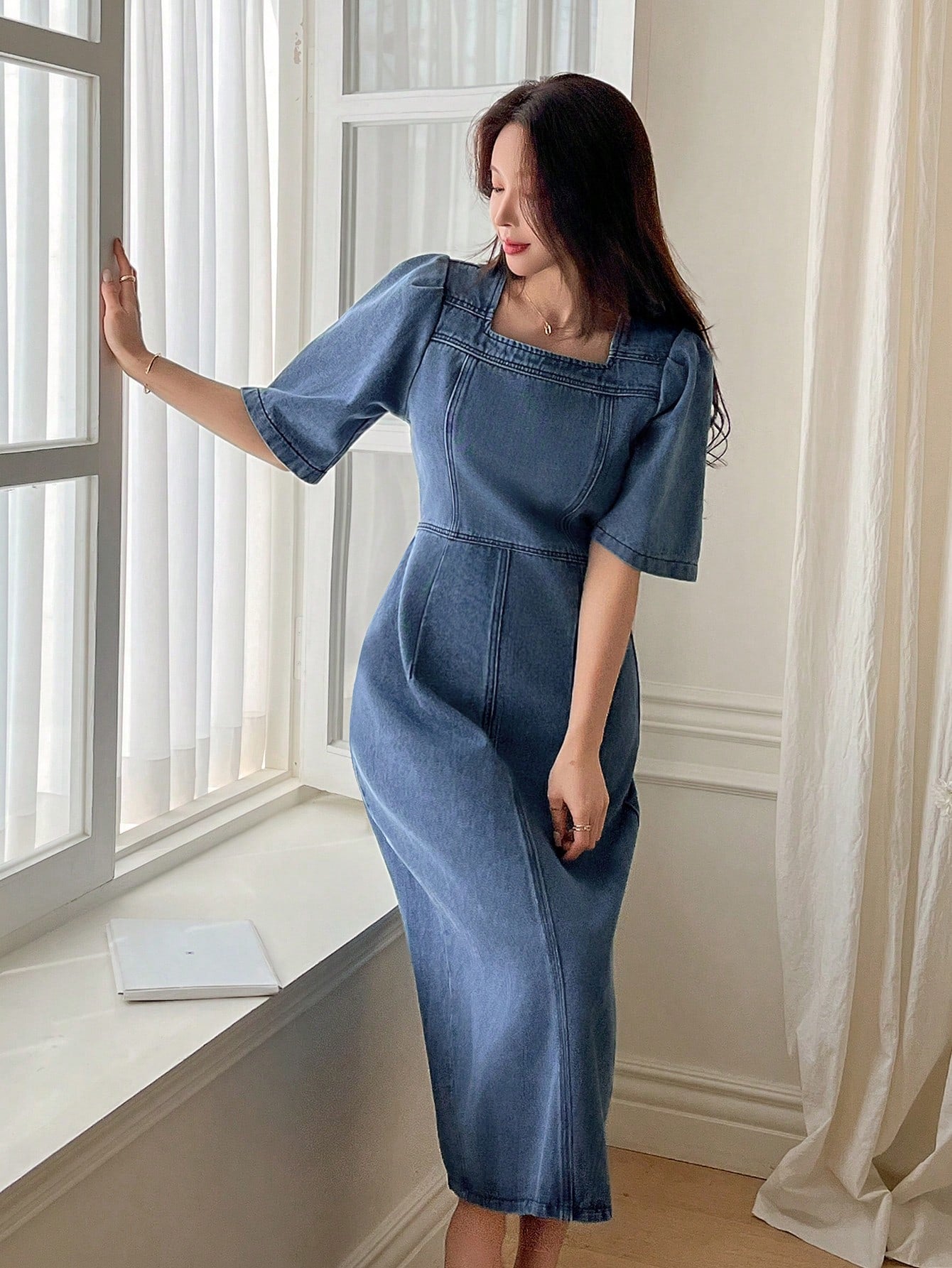 CM-DS212638 Women Casual Seoul Style Square Neck Puff Sleeve High Waisted Denim Dress - Blue