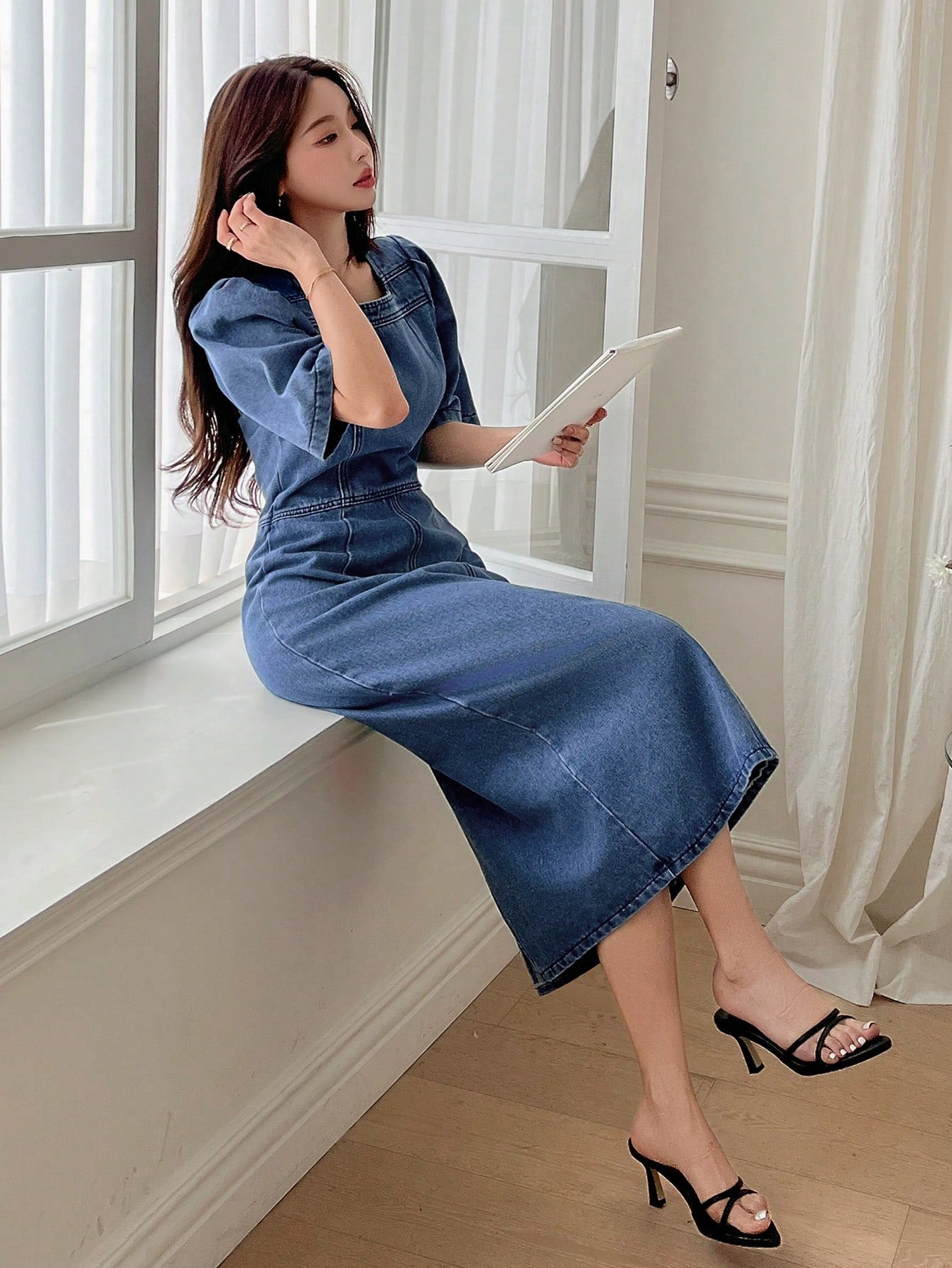 CM-DS212638 Women Casual Seoul Style Square Neck Puff Sleeve High Waisted Denim Dress - Blue