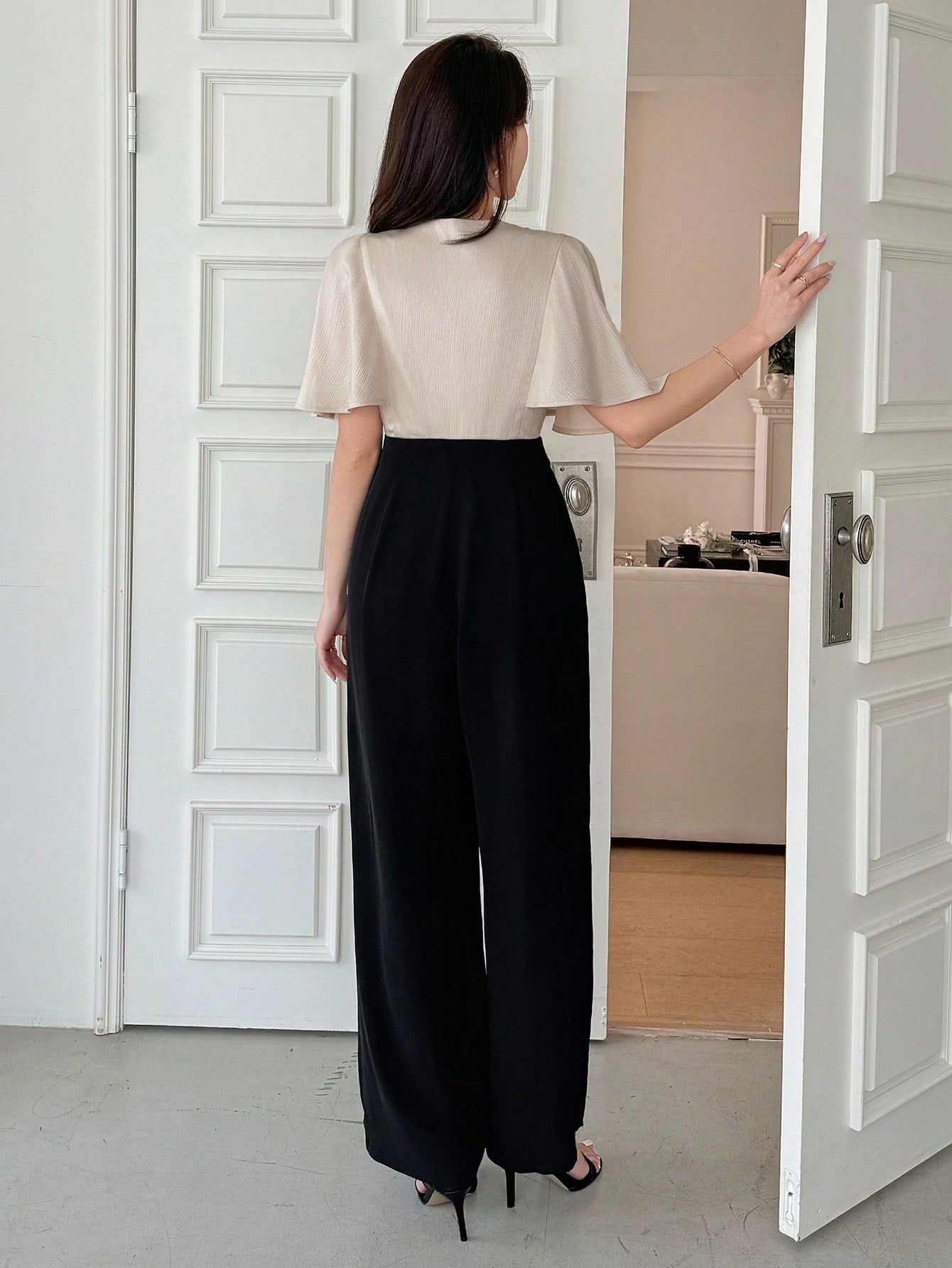CM-JS787380 Women Elegant Seoul Style V-Neck Short Sleeve Colorblocking High Waist Jumpsuit