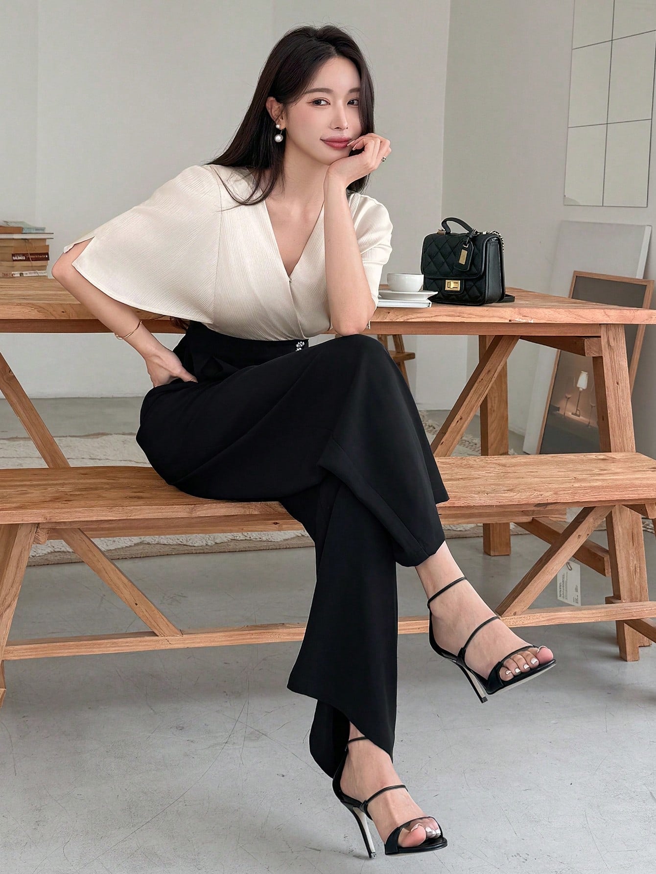 CM-JS787380 Women Elegant Seoul Style V-Neck Short Sleeve Colorblocking High Waist Jumpsuit