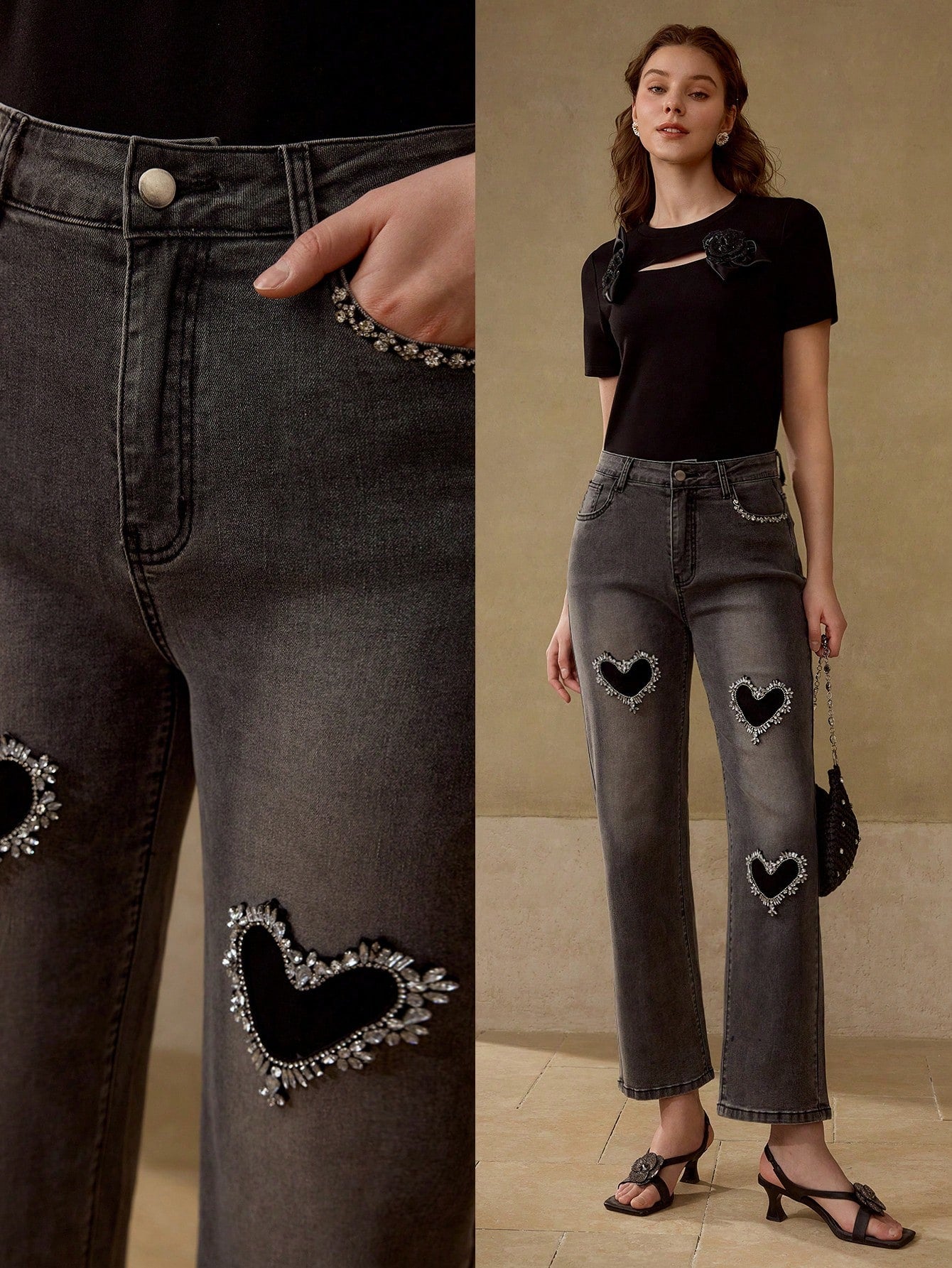 CM-BS504032 Women Casual Seoul Style Geometric Rhinestone Heart Detail Washed Skinny Jeans - Gray