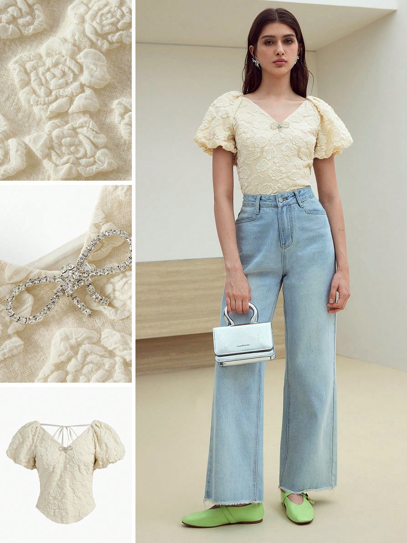 CM-TS451251 Women Elegant Seoul Style V-Neck Puff Sleeve Asymmetrical Blouse - Apricot
