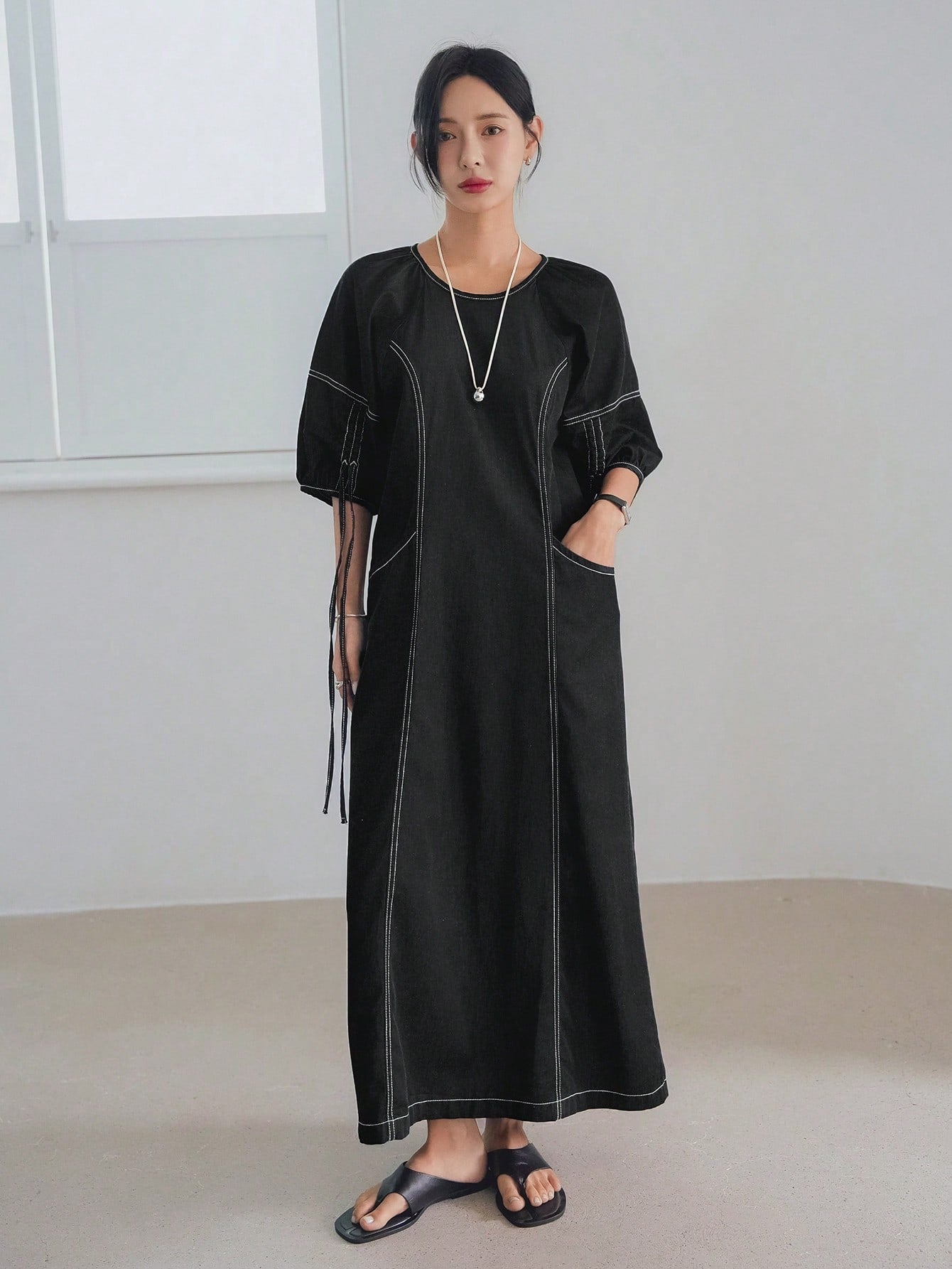 CM-DS182118 Women Casual Seoul Style Round Neck Half Sleeve Drawstring Tie Decor Straight Midi Dress