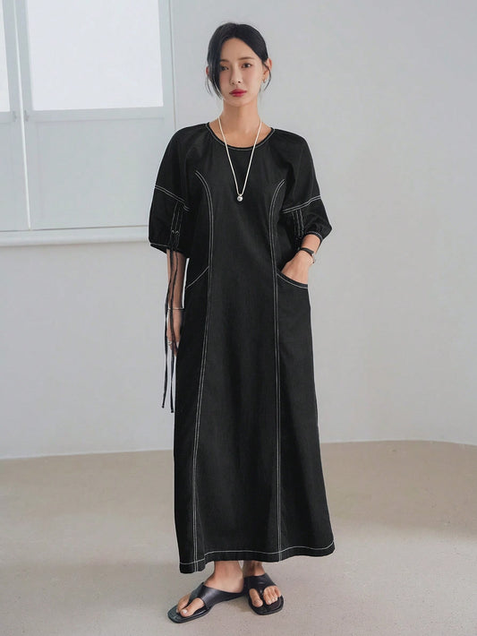 CM-DS182118 Women Casual Seoul Style Round Neck Half Sleeve Drawstring Tie Decor Straight Midi Dress