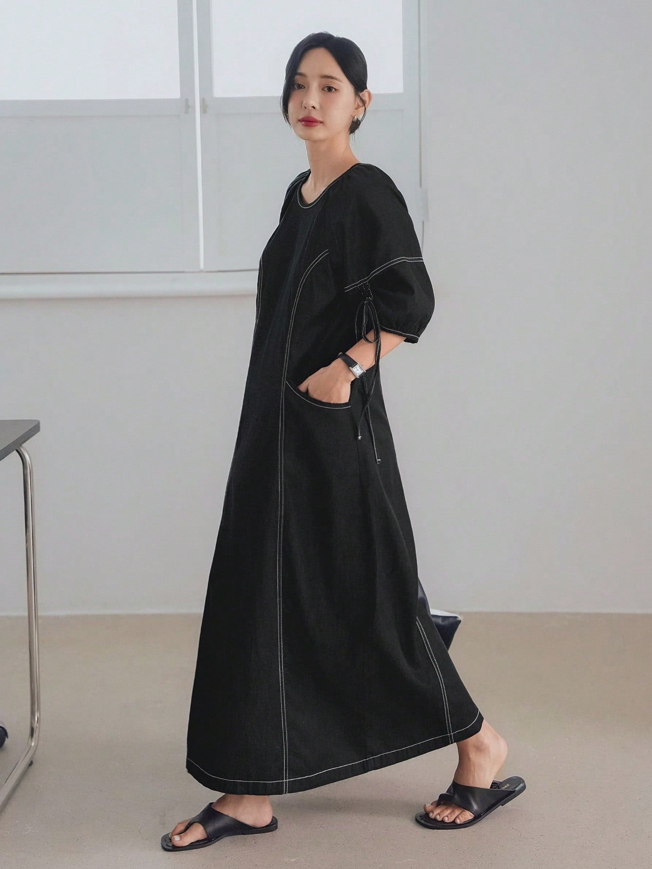 CM-DS182118 Women Casual Seoul Style Round Neck Half Sleeve Drawstring Tie Decor Straight Midi Dress