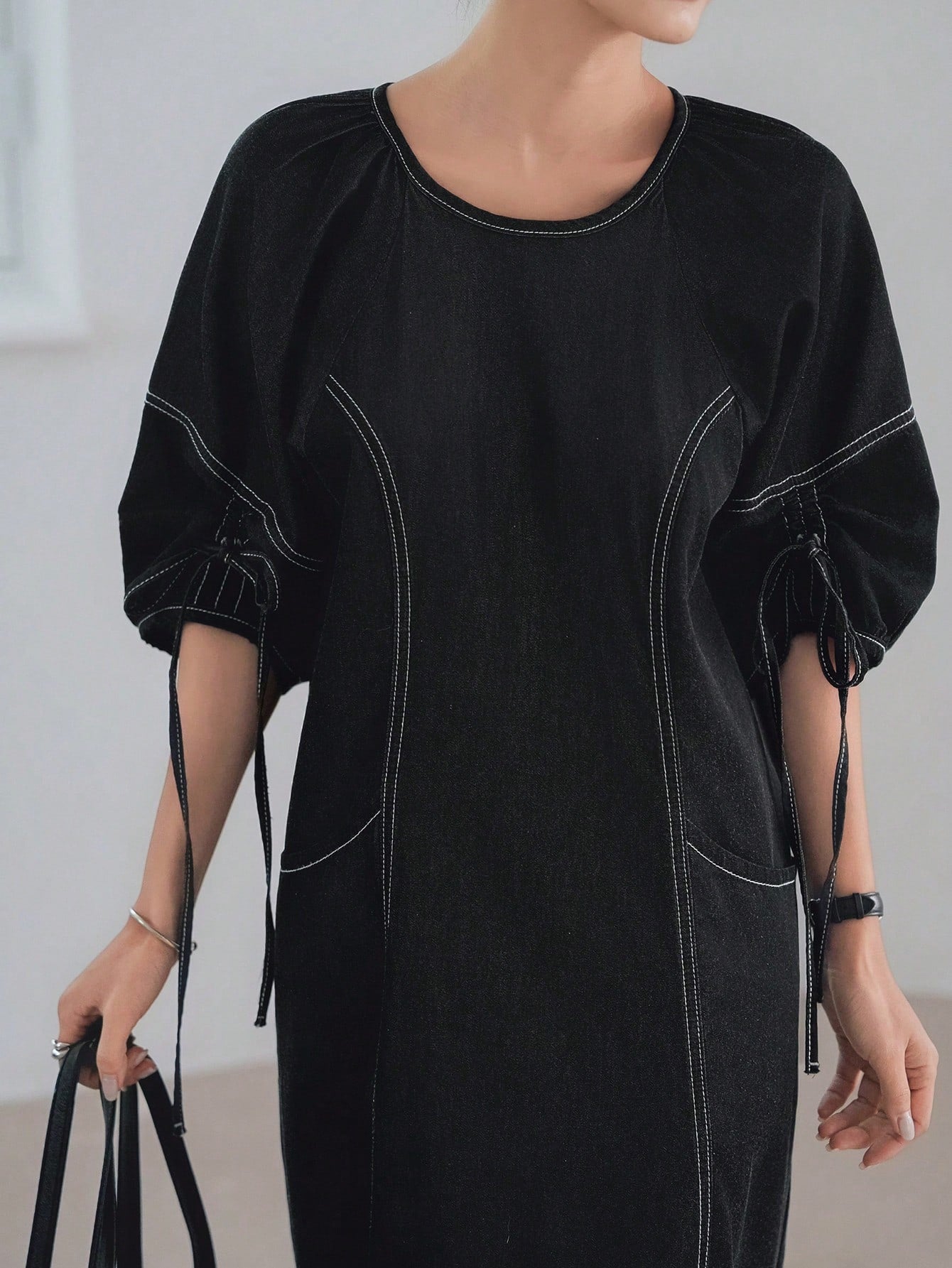 CM-DS182118 Women Casual Seoul Style Round Neck Half Sleeve Drawstring Tie Decor Straight Midi Dress