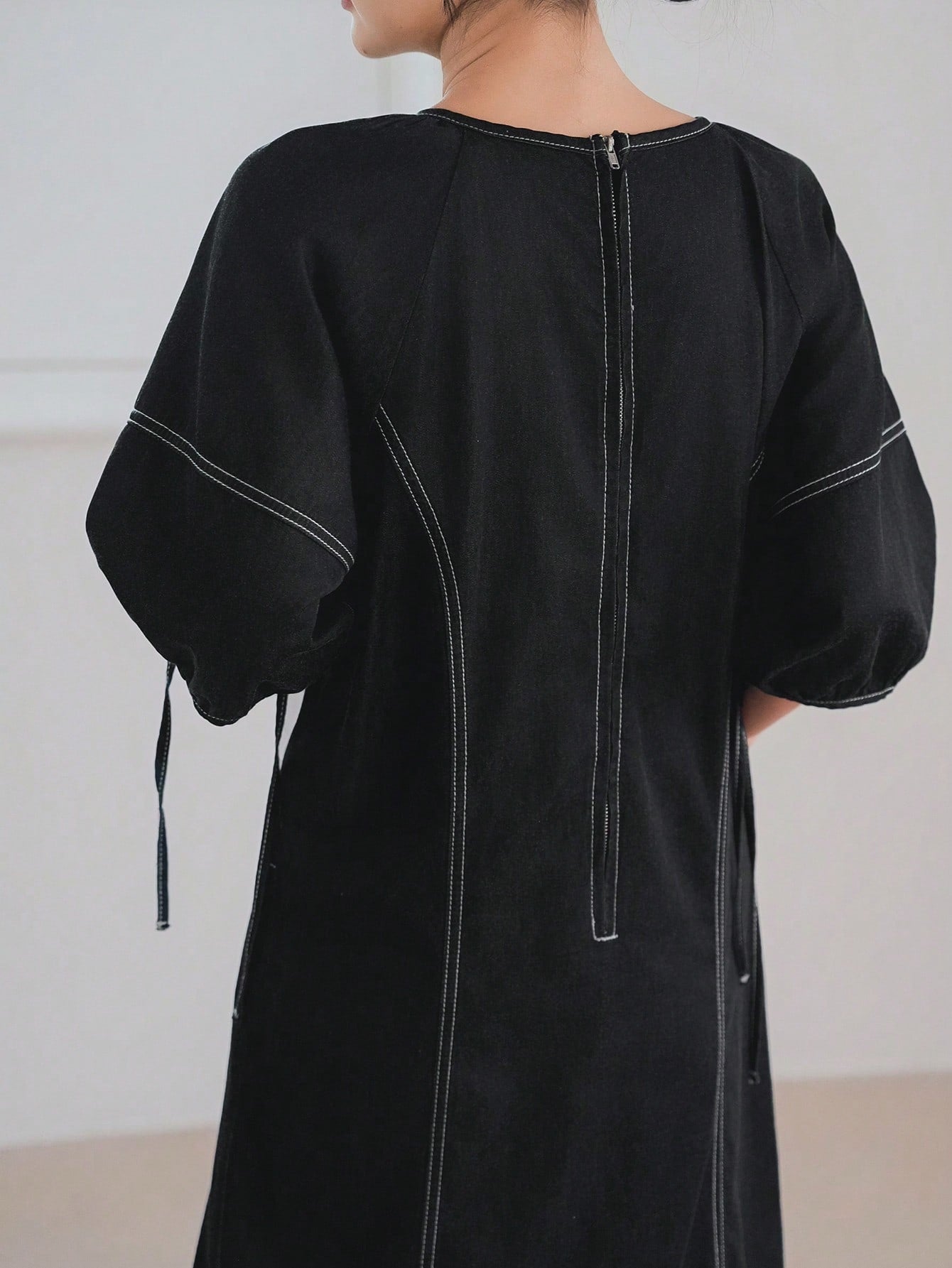CM-DS182118 Women Casual Seoul Style Round Neck Half Sleeve Drawstring Tie Decor Straight Midi Dress