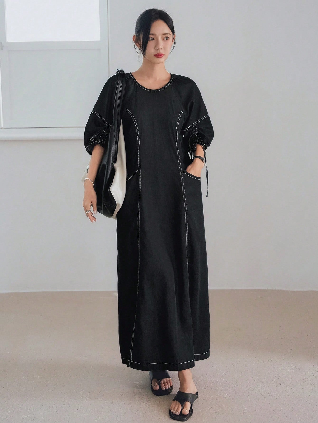 CM-DS182118 Women Casual Seoul Style Round Neck Half Sleeve Drawstring Tie Decor Straight Midi Dress
