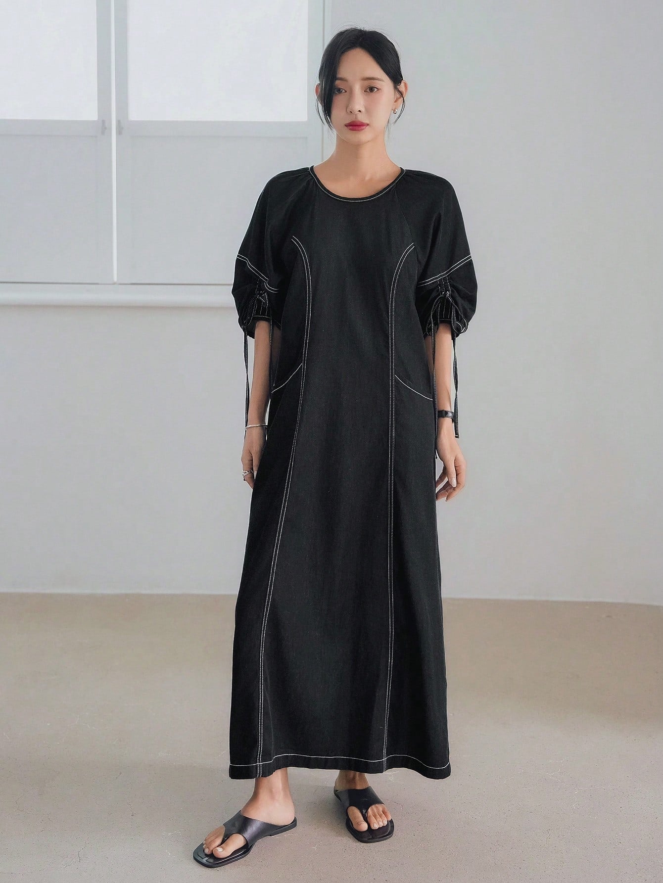 CM-DS182118 Women Casual Seoul Style Round Neck Half Sleeve Drawstring Tie Decor Straight Midi Dress